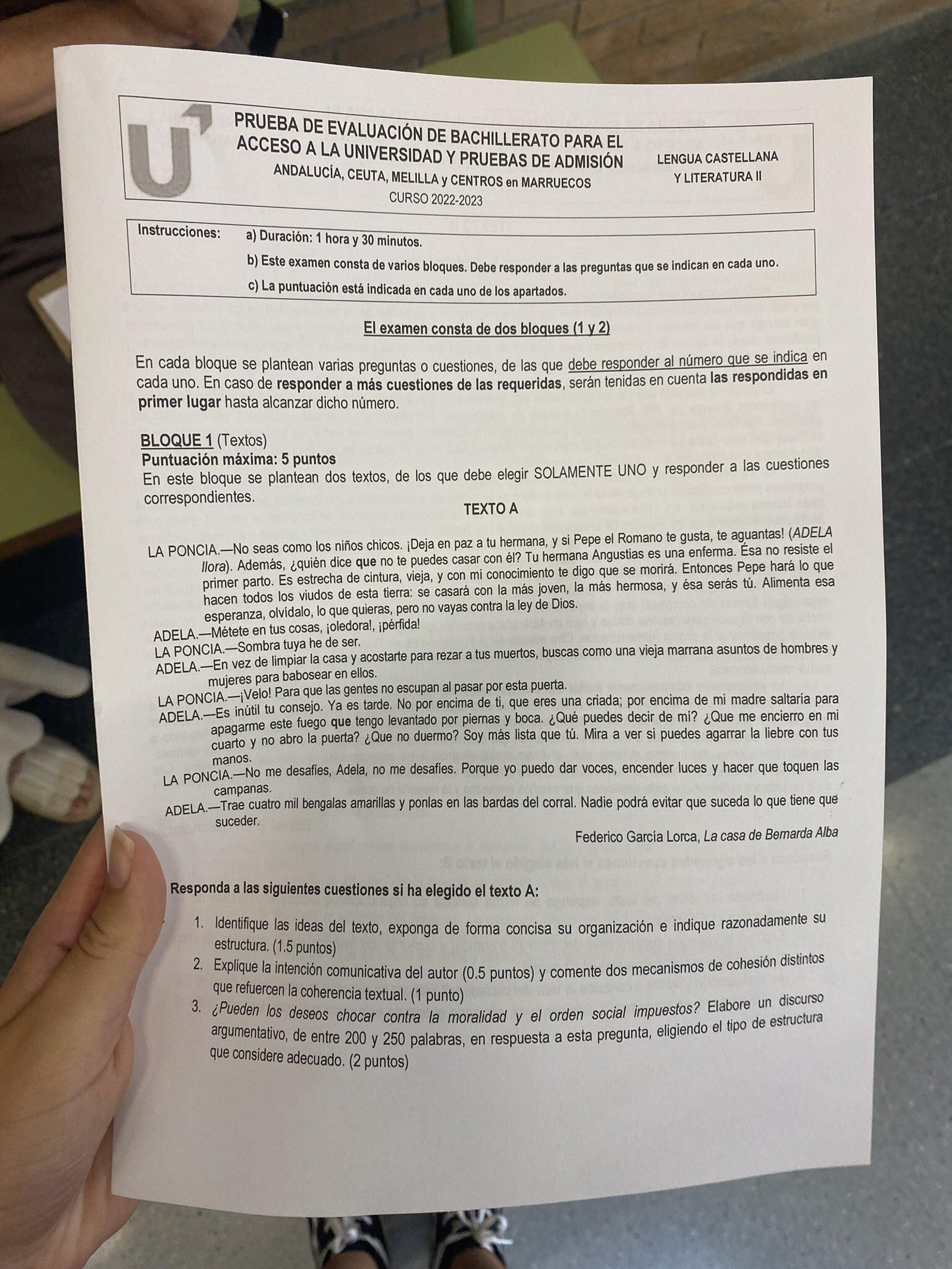Examen de Lengua y Literatura de Pevau Andalucía en 2023.
