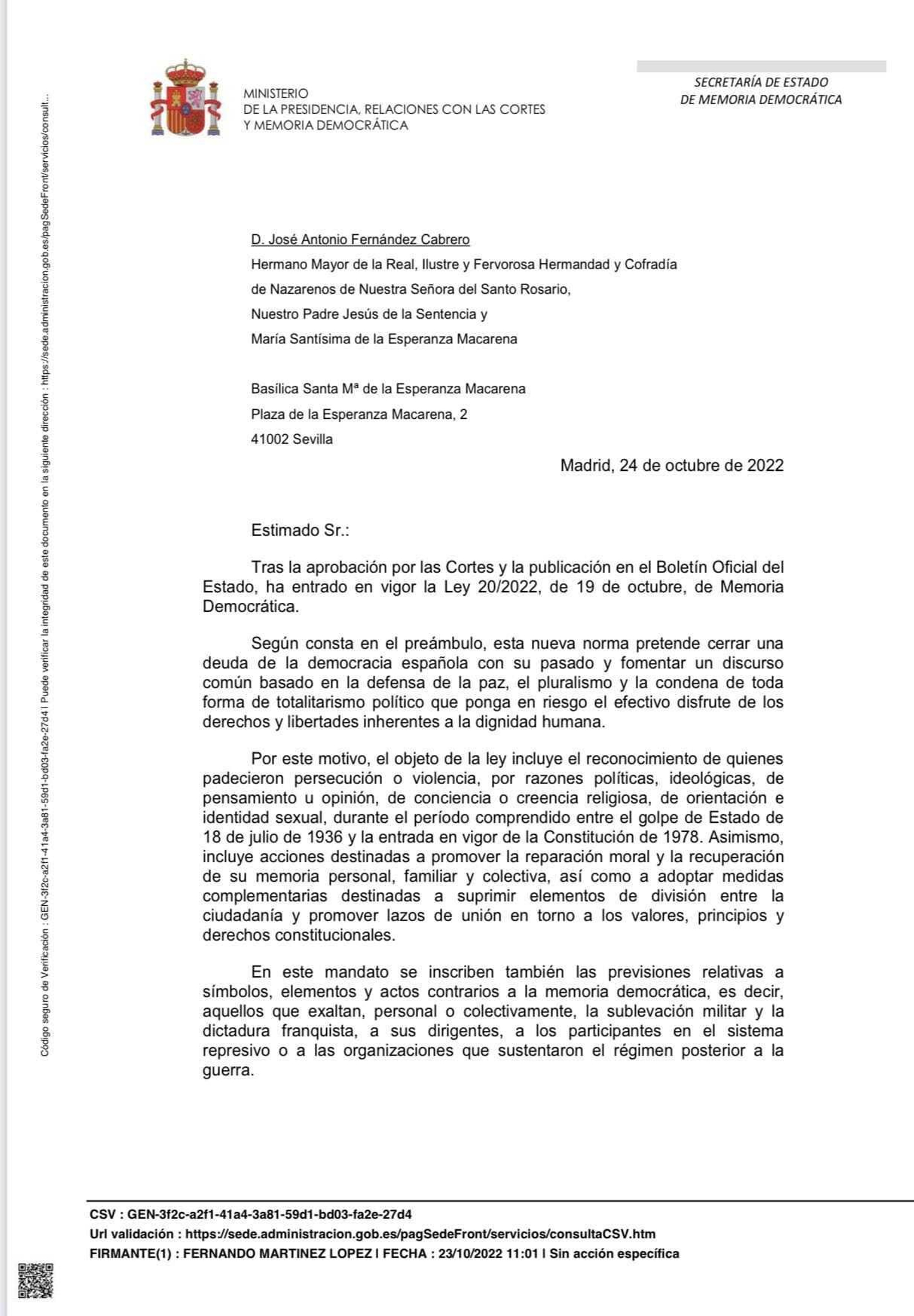 Primera página de la carta del Estado.