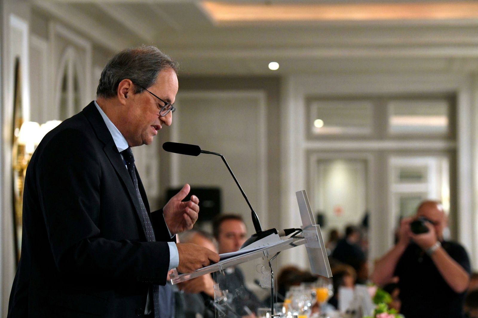 El presidente de la Generalitat, Quim Torra, en un desayuno informativo celebrado en Madrid este jueves.