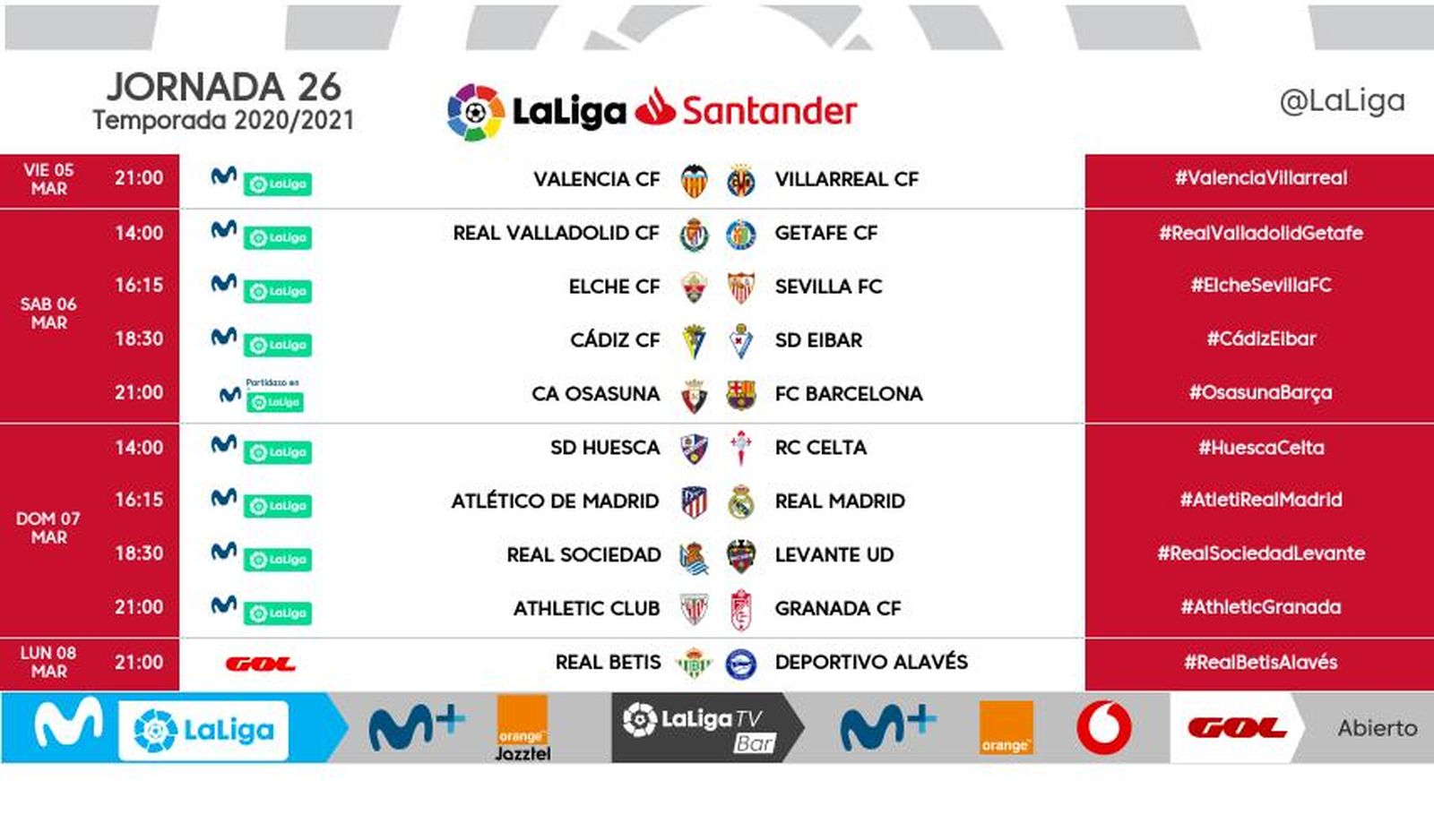 Carátula de LaLiga con los horarios de la jornada vigésima sexta.