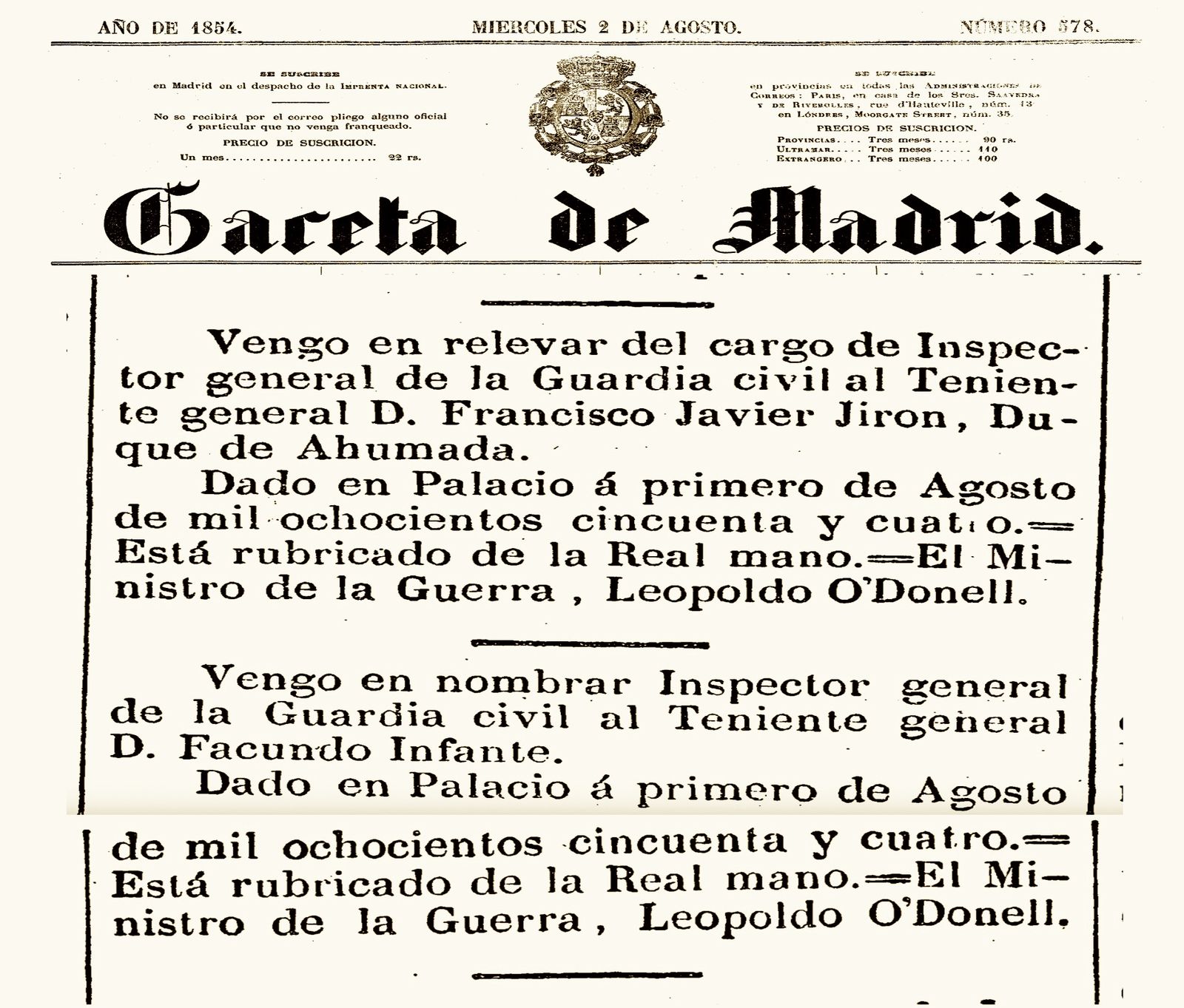 Publicación en la 'Gaceta de Madrid' del primer relevo del Duque de Ahumada en la Benemérita (1854).
