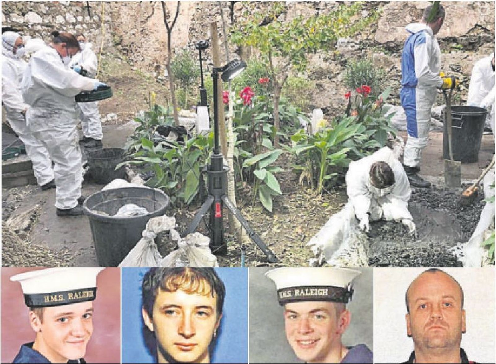 De izquierda a derecha: Simon Parkes, Sion Jenkins, Nicholas Wright y Allan Michael Grimson, sobre una imagen de la búsqueda del primero.