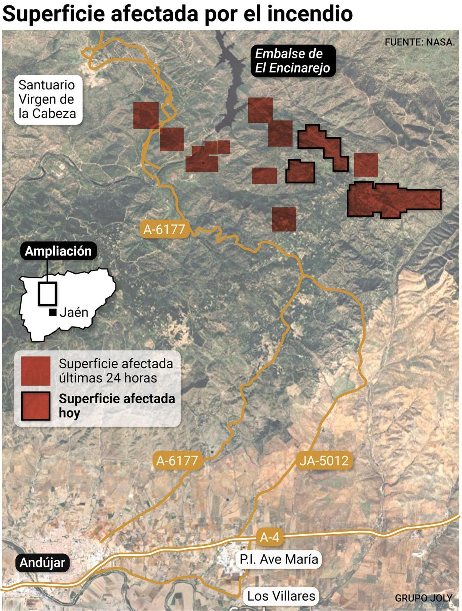 Localización del área afectada por el incendio de Andújar (Jaén)