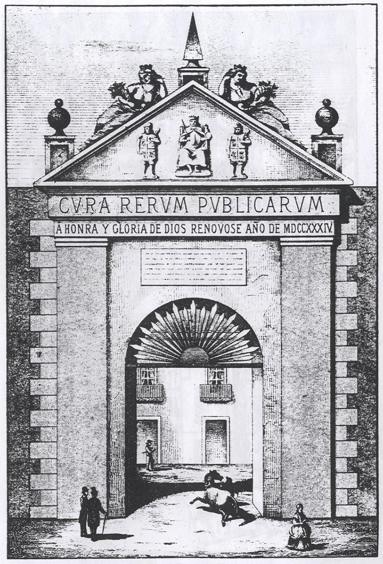 Fachada interior de la Puerta del Arenal. En Tovar, B. (1878): Las Puertas de Sevilla. Sevilla, Colegio Oficial de Aparejadores y Arquitectos Técnicos de Sevilla.