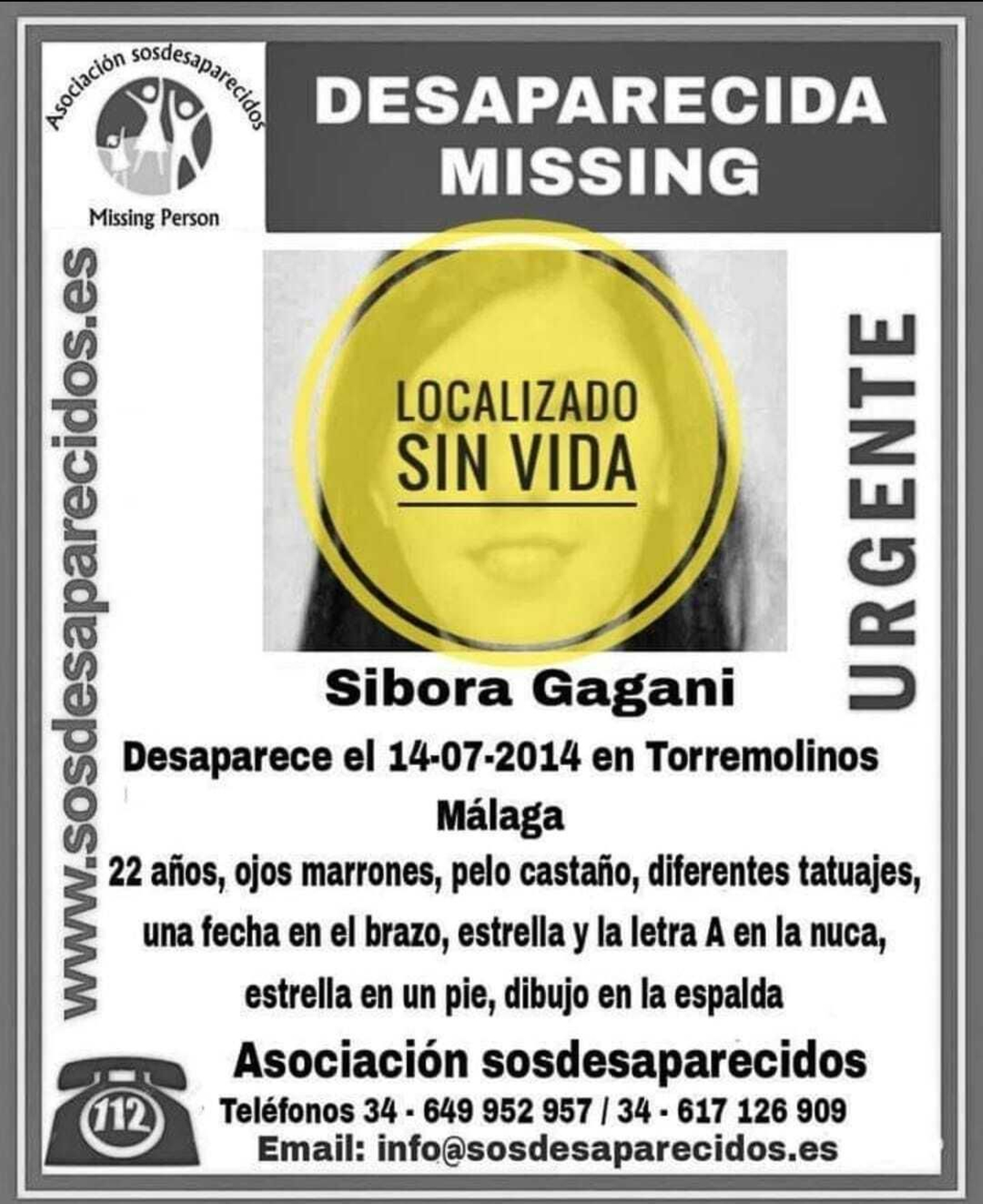 La plataforma desaparecidos difunde la localización sin vida de Sibora.