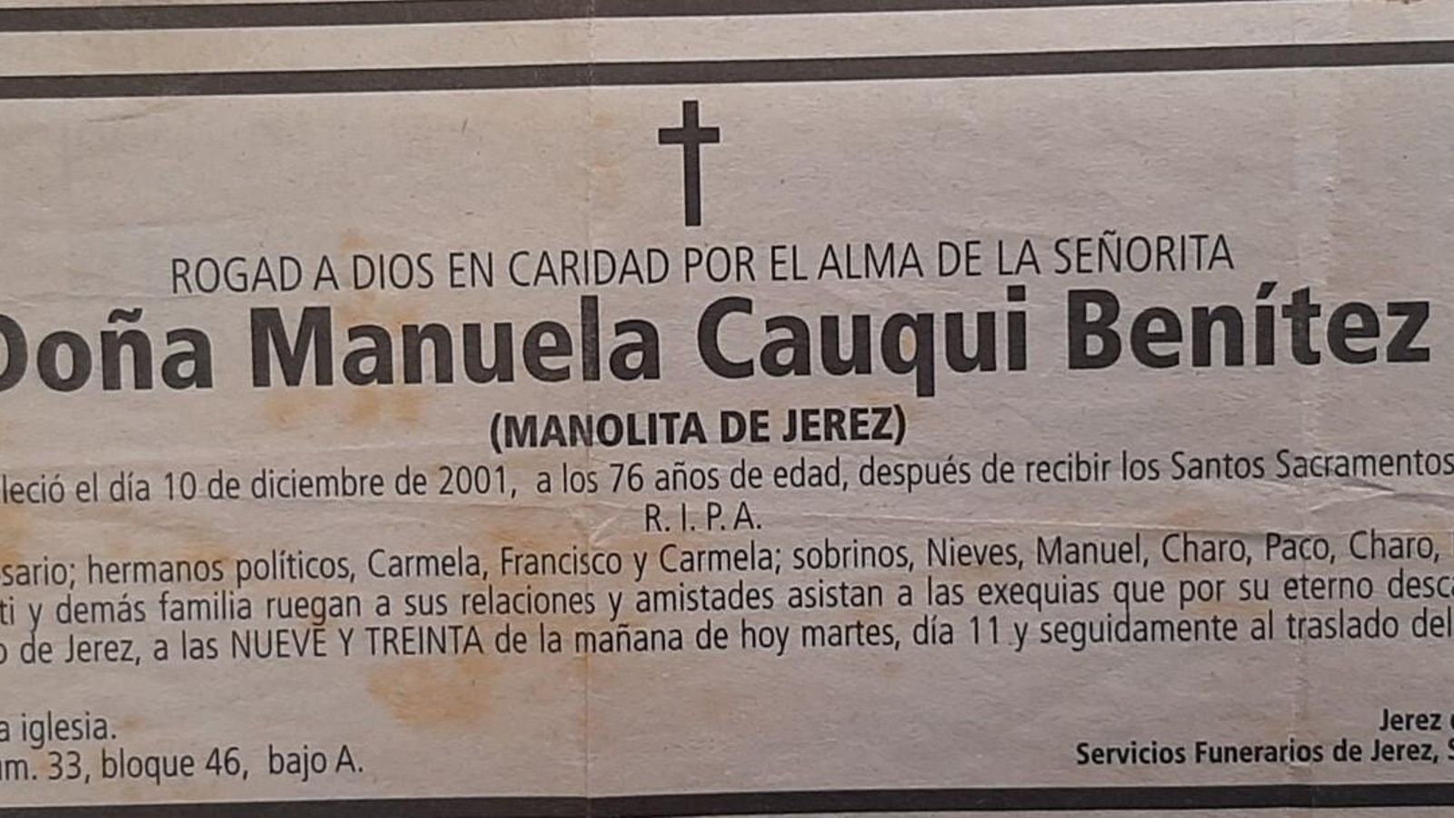 Esquela publicada en Diario de Jerez, 10 de diciembre 2001.