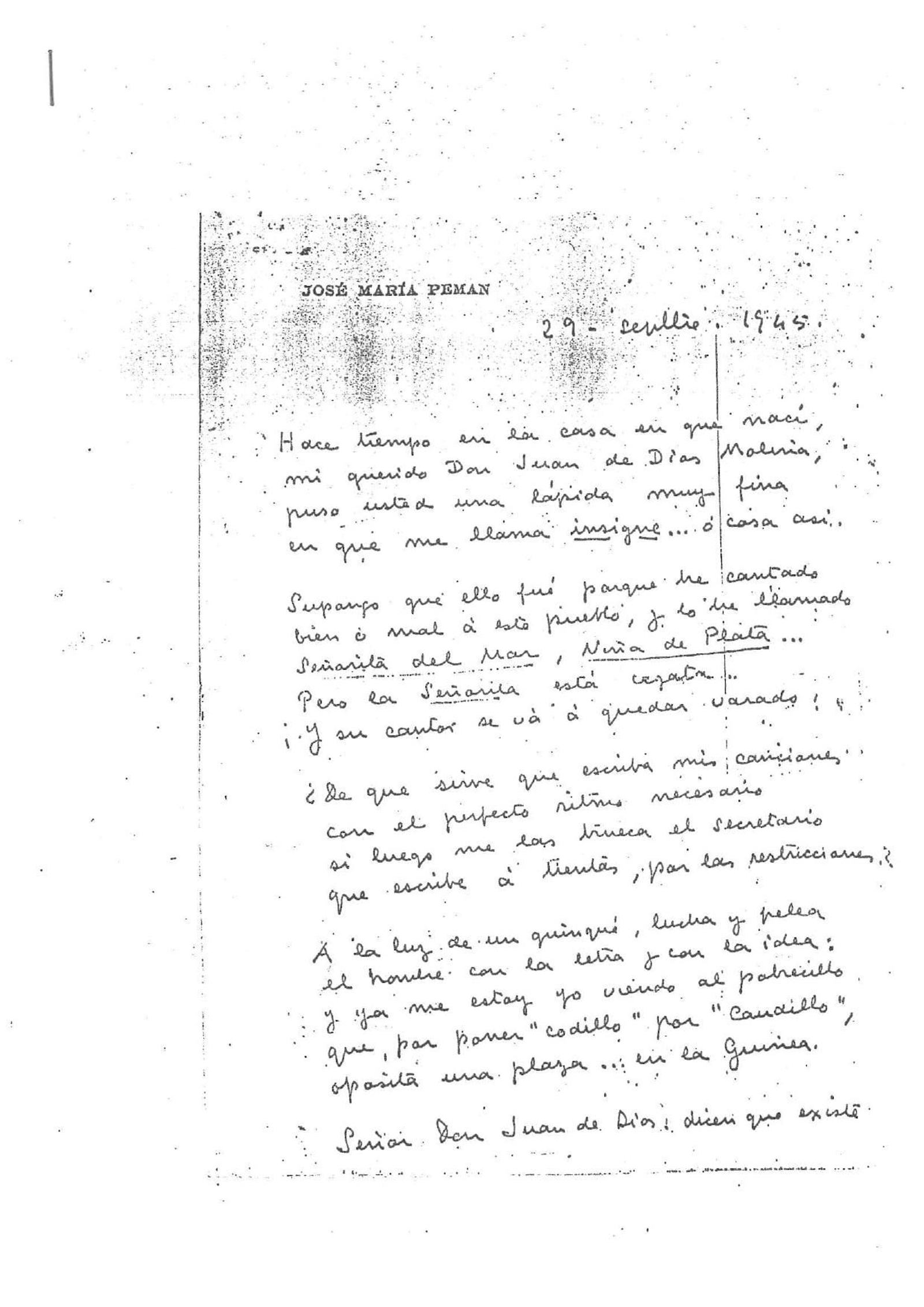 Primera página de la carta de Pemán a Juan de Dios Molina.