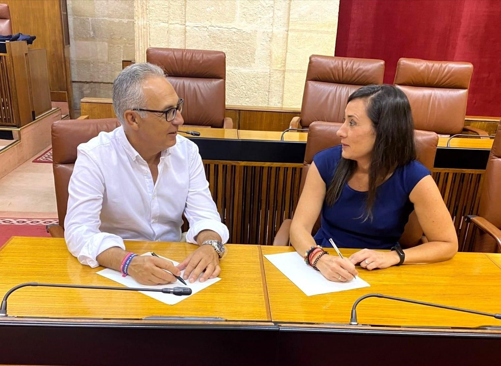 Juan Lozano y Rocío Arrabal, sentados ayer en escaños del PSOE en el Parlamento de Andalucía.