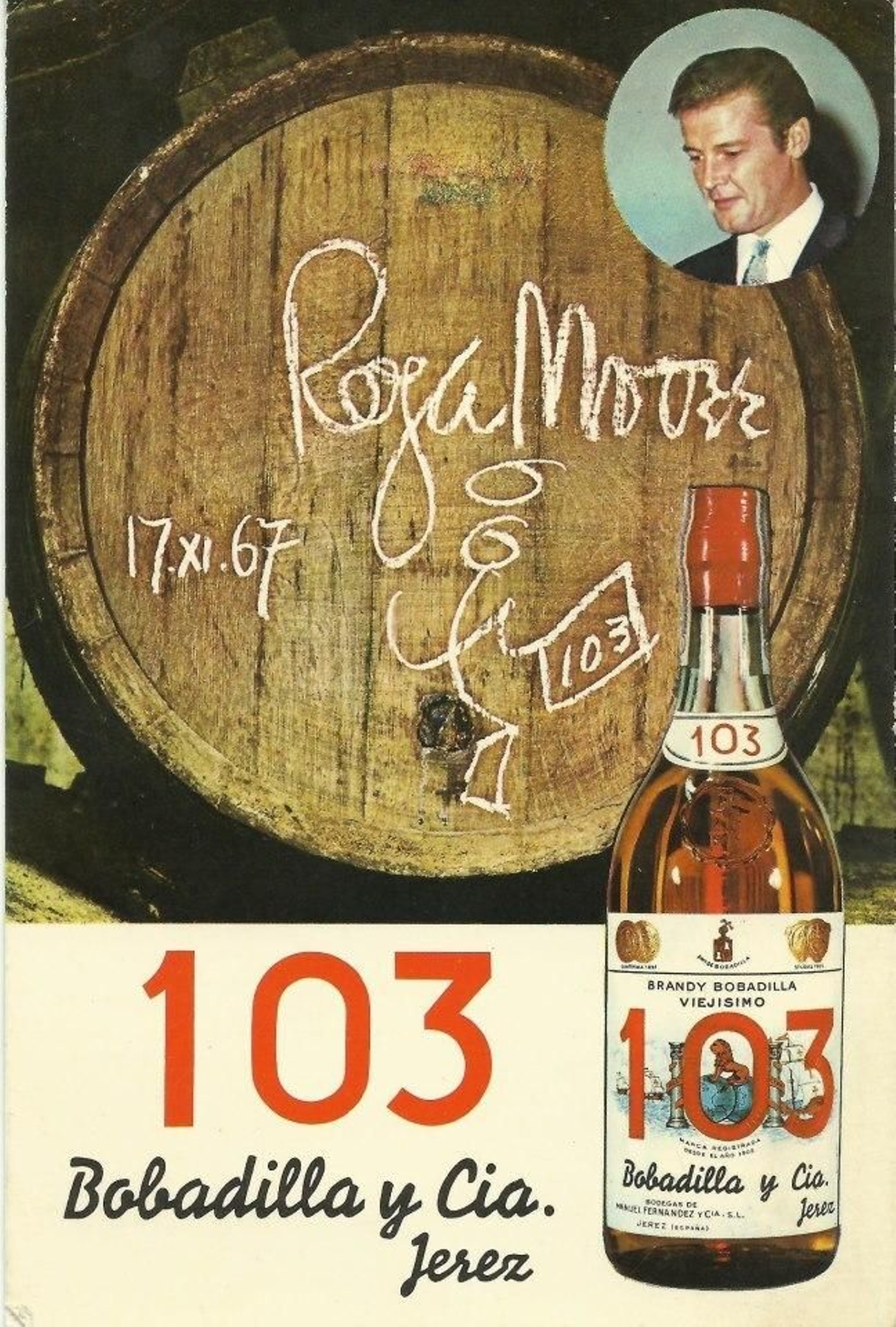 Postal publicitaria con la firma de Roger Moore.