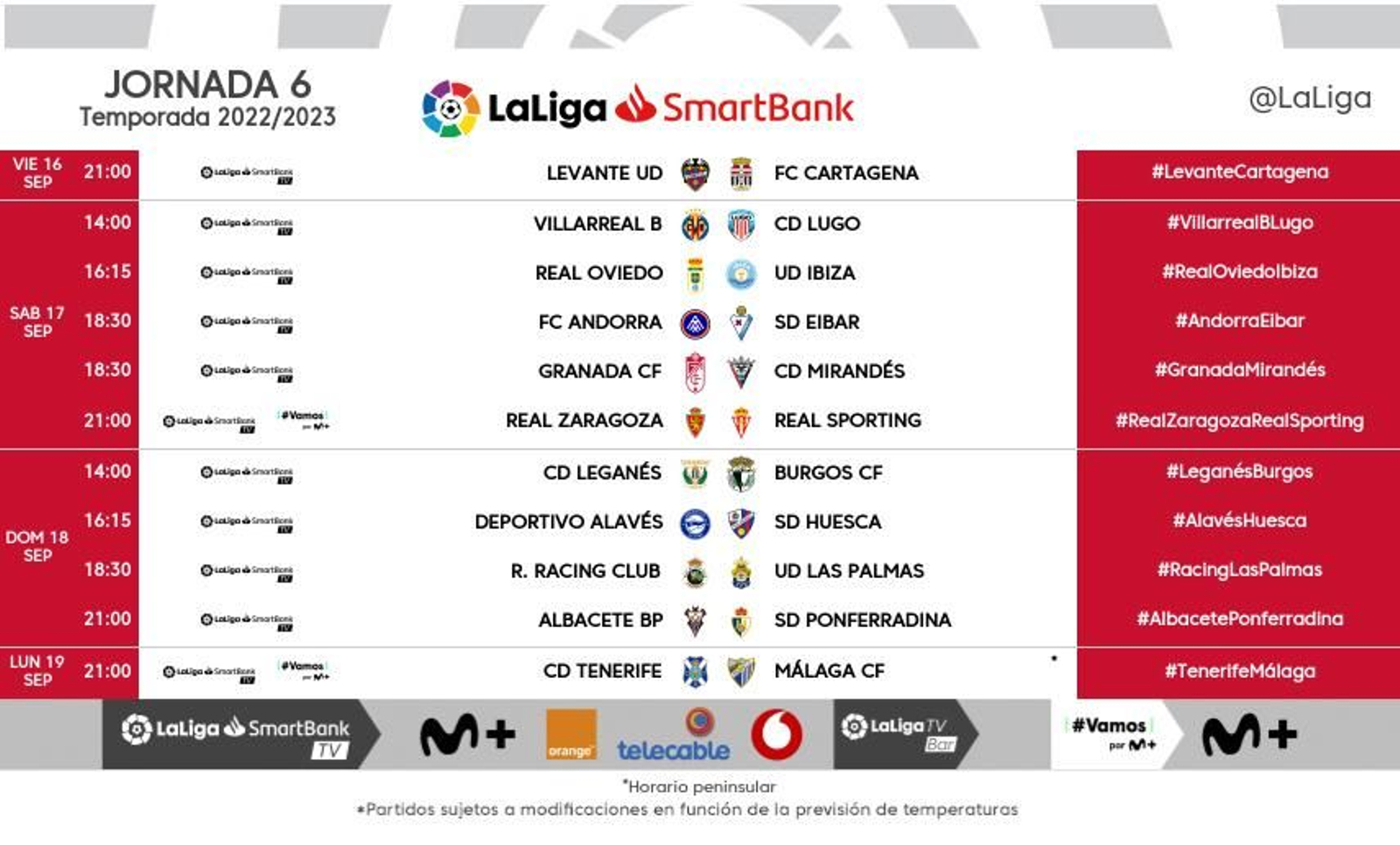 Todos los horarios de la jornada 6 de Segunda División.
