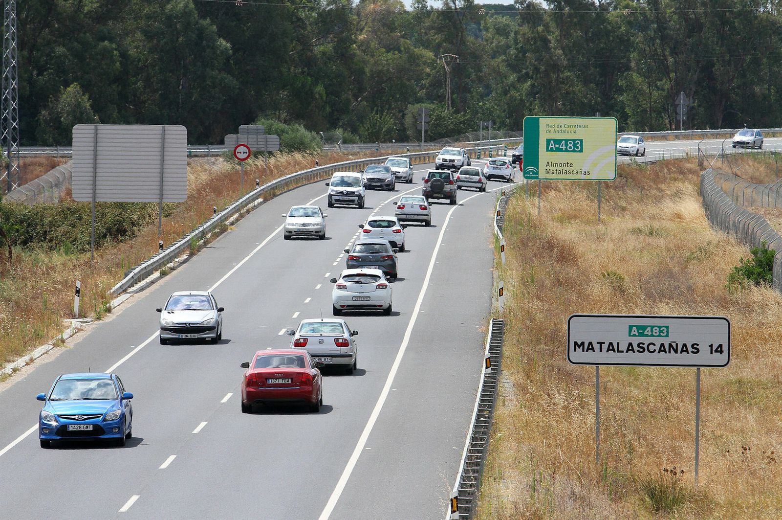 Varios vehículos circulan por la carretera de Matalascañas.