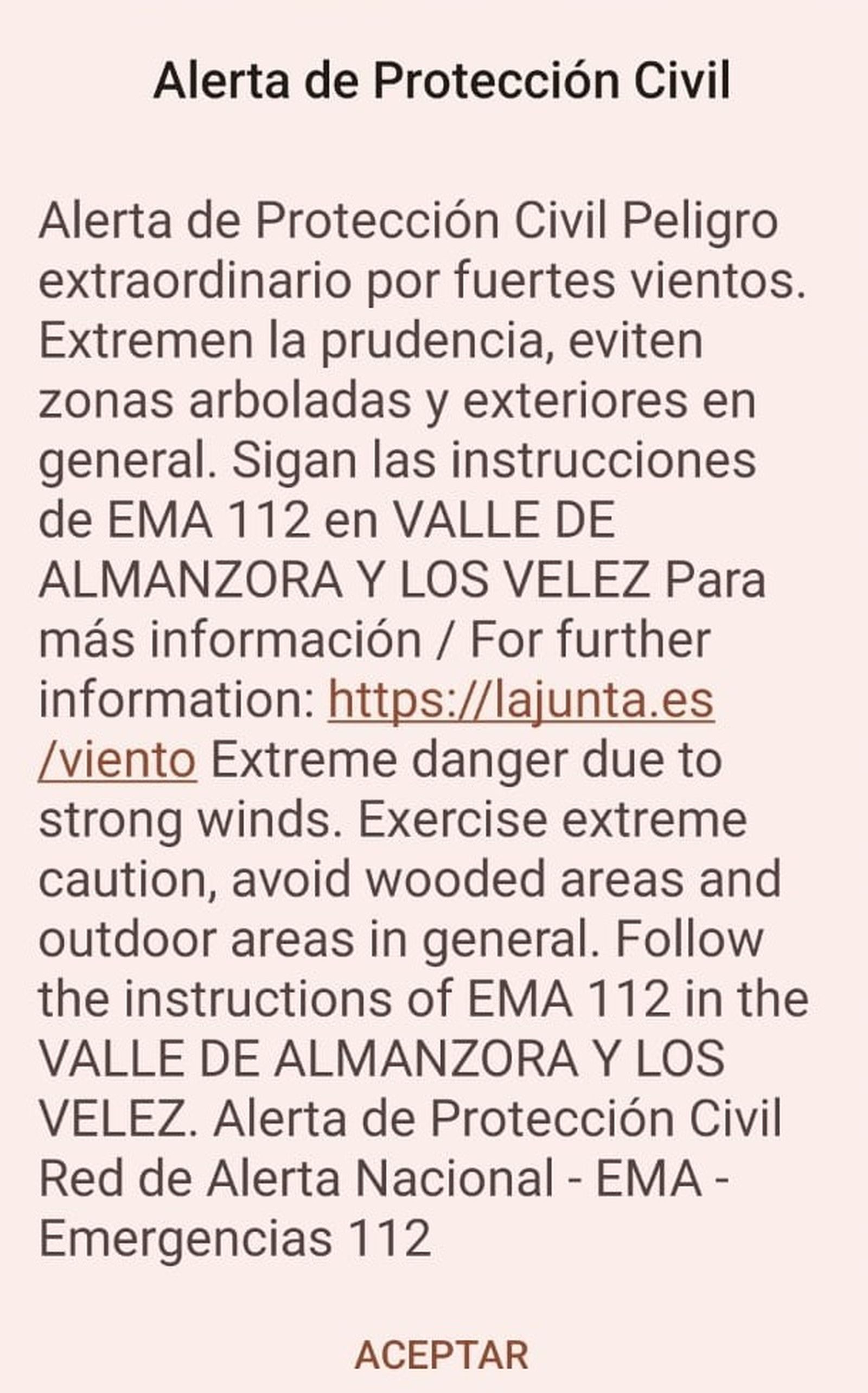 Mensaje Es Alert enviado a los teléfonos móviles conectados en 36 municipios del Almanzora y Los Vélez.