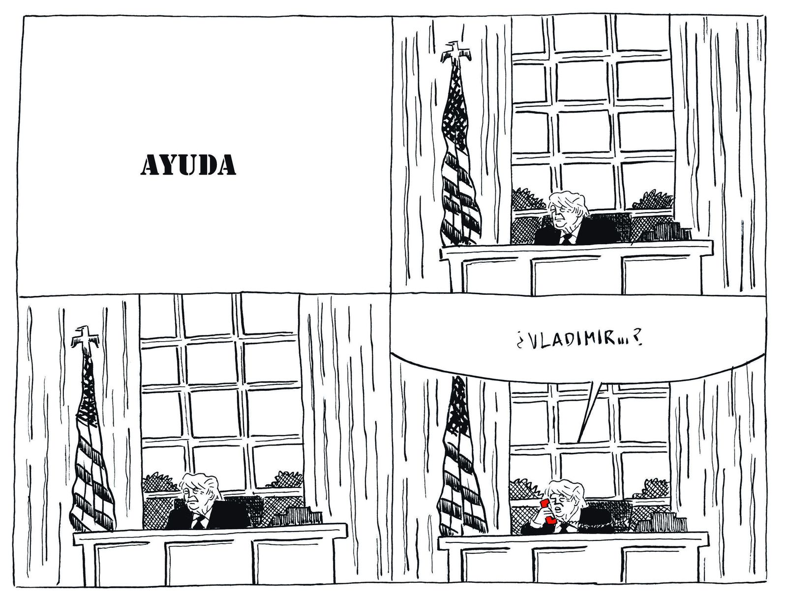 Pablo Ríos y su novela sobre Trump. Arriba, una de las viñetas.