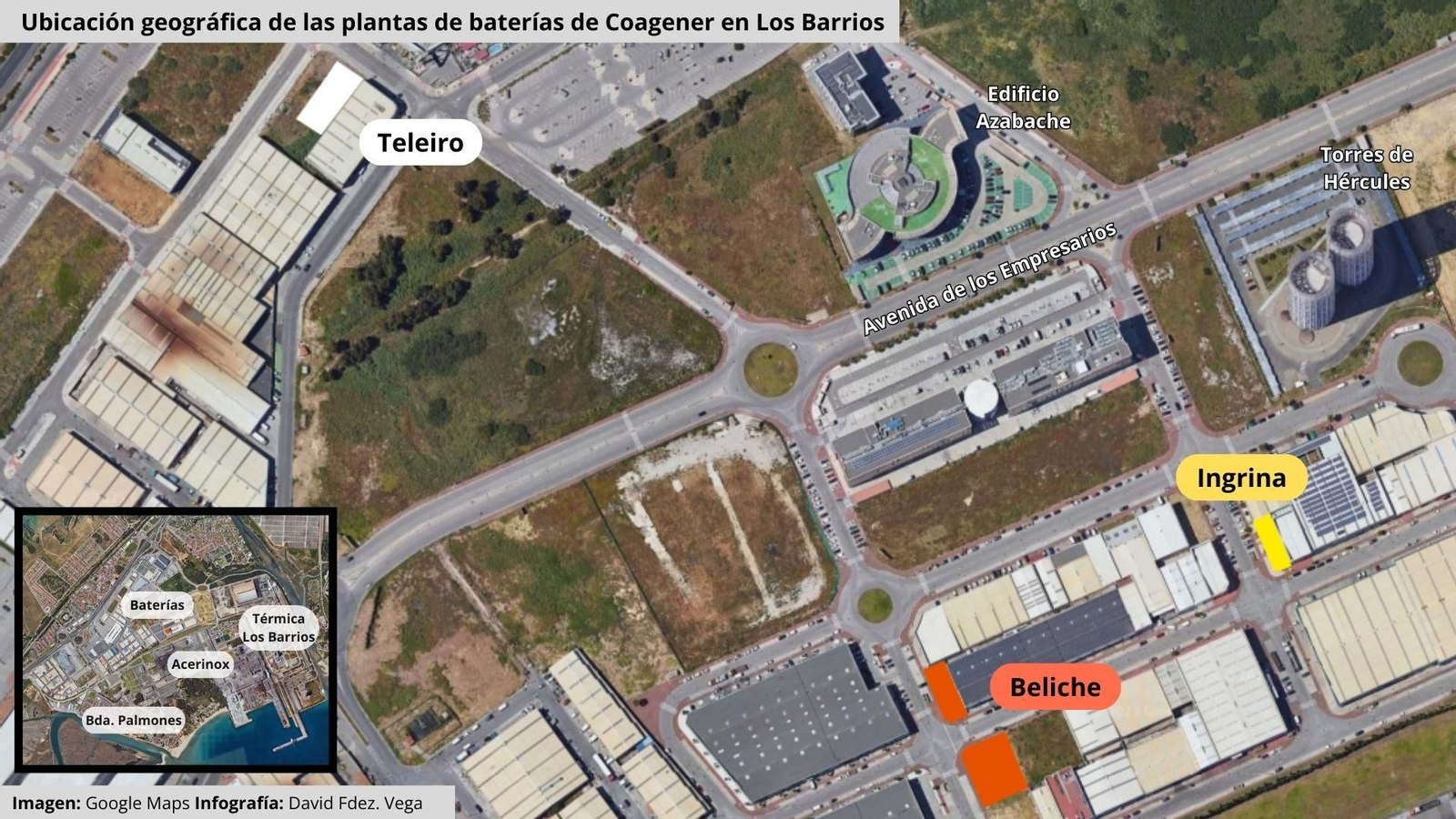 Distribución geográfica de las plantas de almacenamiento en baterías de Coagener en Los Barrios