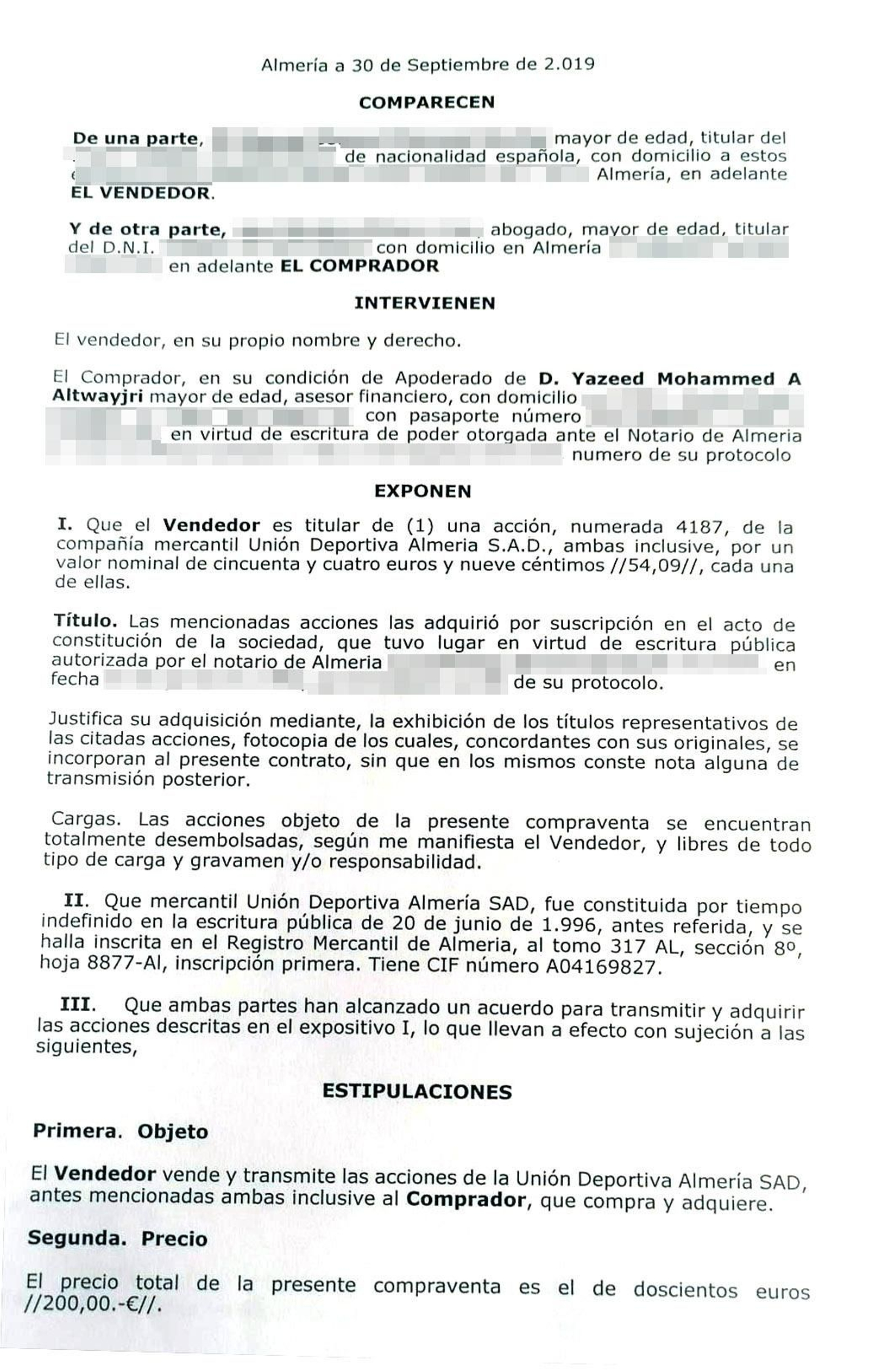 Extracto del documento de compra de una acción con el nombre de Al-Tuwaijri