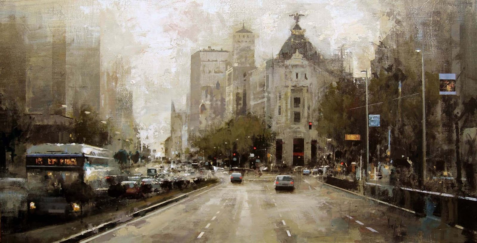 Pintura de paisaje urbano  realizada al óleo sobre lienzo.