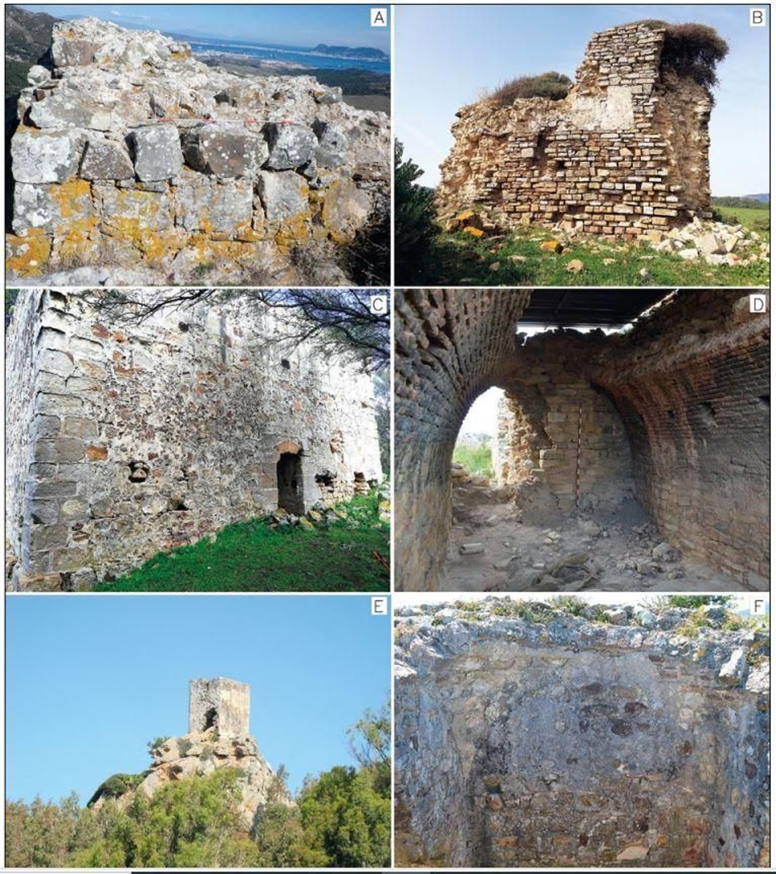 Torres del Campo de Gibraltar: A. Base macizada del Algorfilla (Algeciras), B. Arroyo del Lobo (Algeciras),  C. Almodóvar o Torregrosa (Tarifa), D. Bóveda de cañón y vano de la torre de Cartagena (San Roque), E. Peña (Tarifa),  F. Bóveda vaída del Rayo (Tarifa).