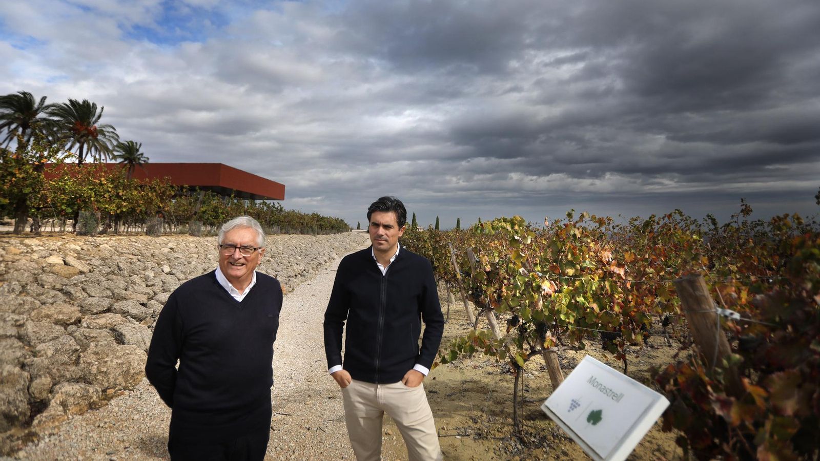 Luis Pérez y su hijo Willy junto a la plantación de viñedo en la Finca Vistahermosa en la que comenzaron su periplo bodeguero.
