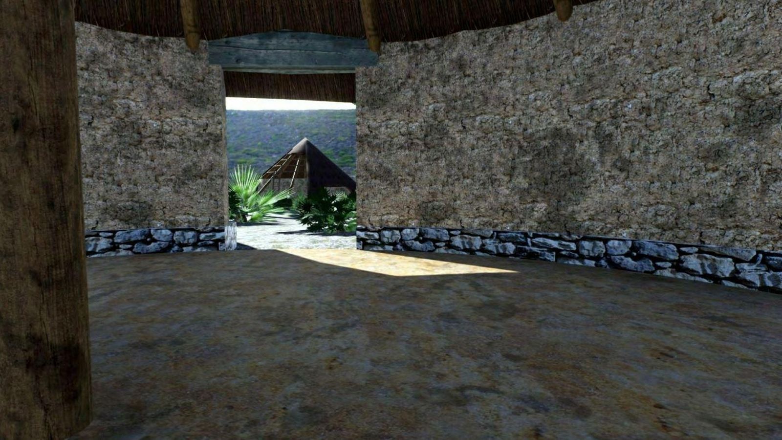 Interior de una choza del Parque de la Prehistoria de Posadas.