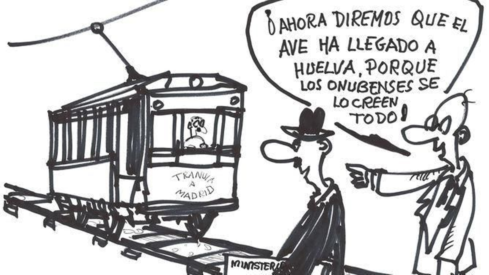 Viñeta con la que el artista onubense Aramburu refleja la realidad de las infraestructuras en un homenaje a Forges.
