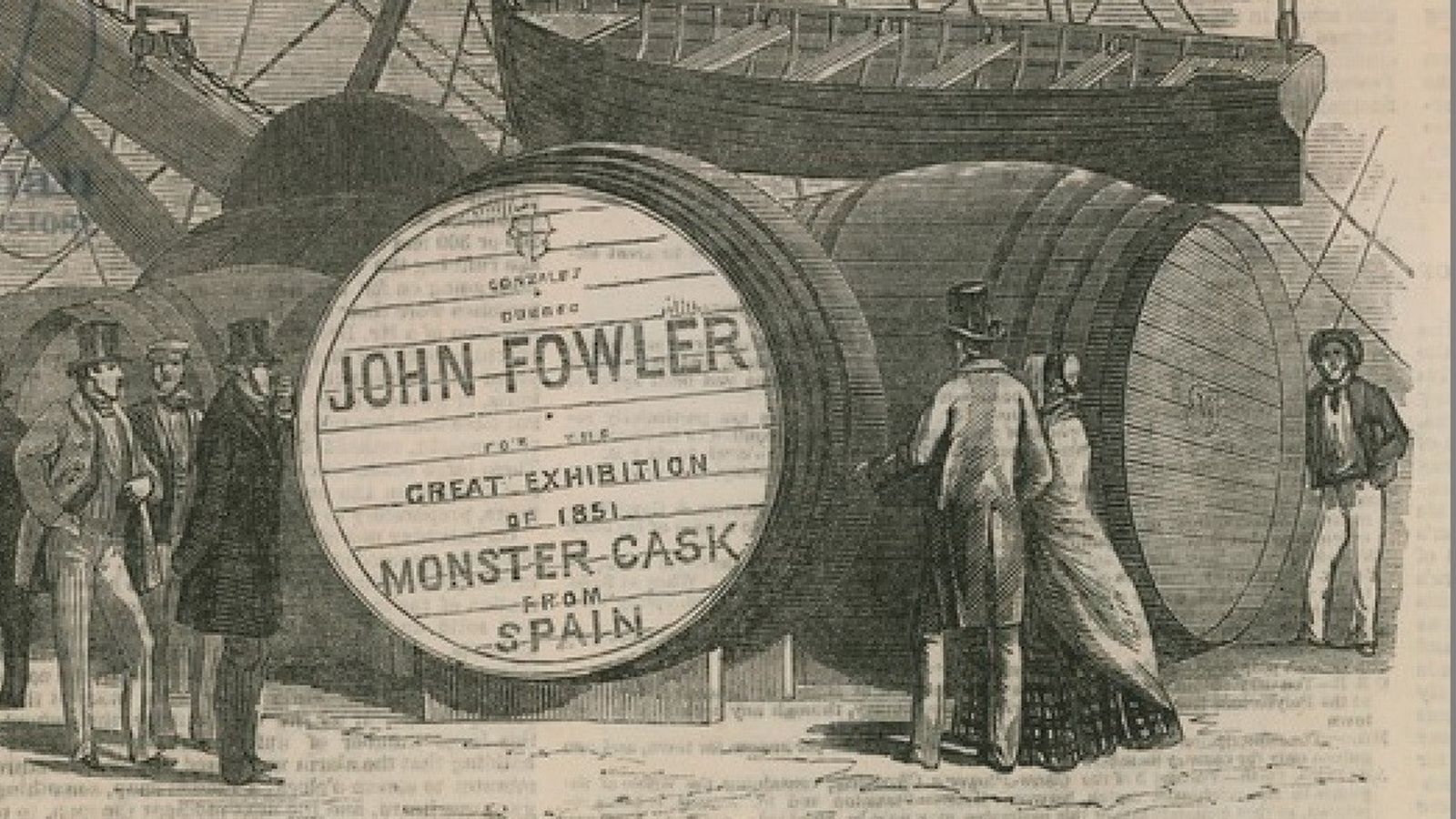 Botas gigantes de vino de Jerez llegando a Londres en 1851.