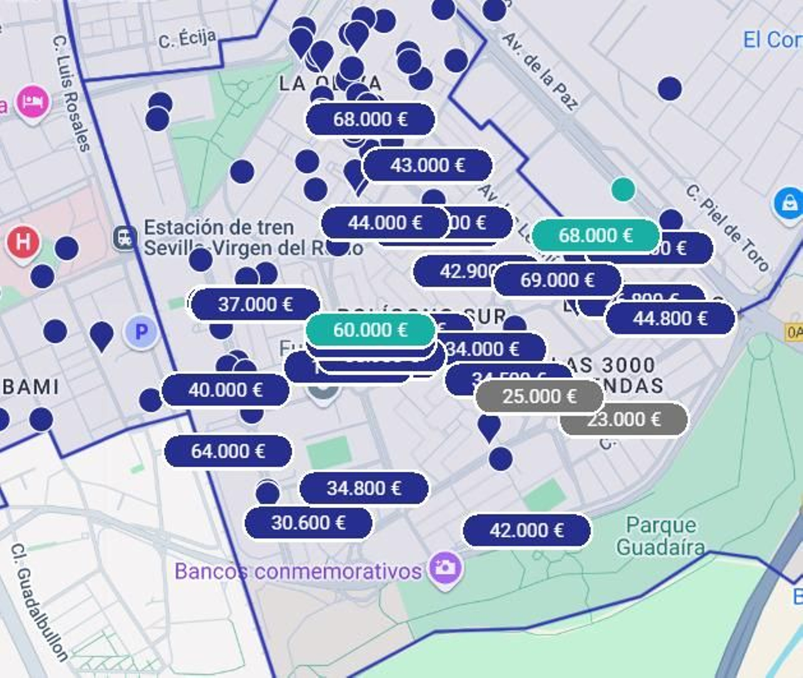 Mapa de casas en venta en las Tres Mil Viviendas y alrededores