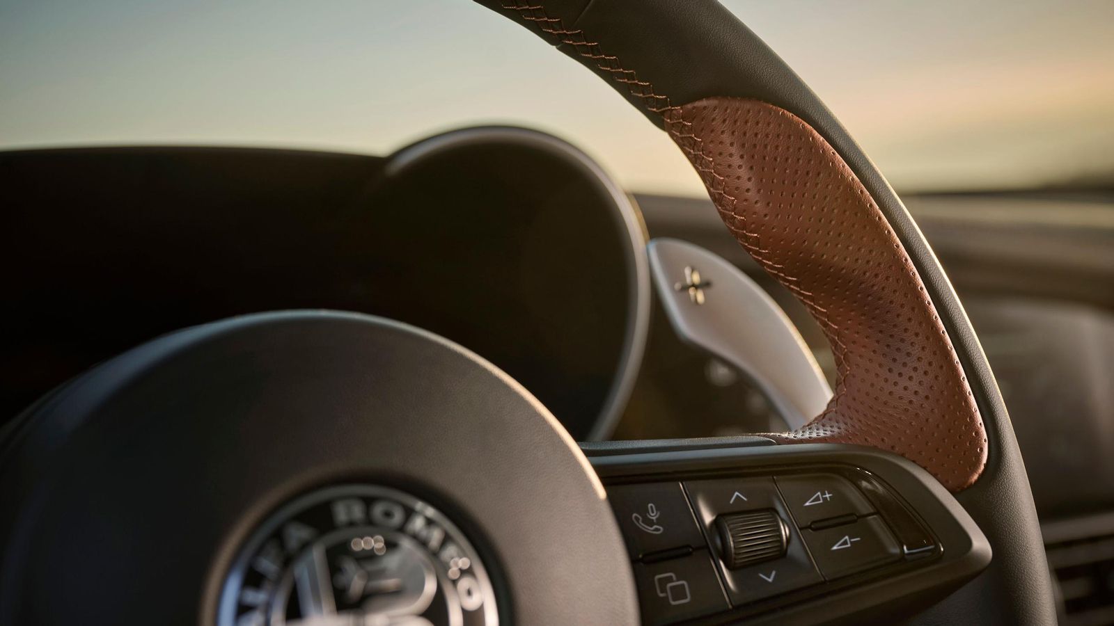 Las levas del cambio y los pedales son de aluminio, mientra que en el volante se usan cueros de dos colores: negro y tostado.