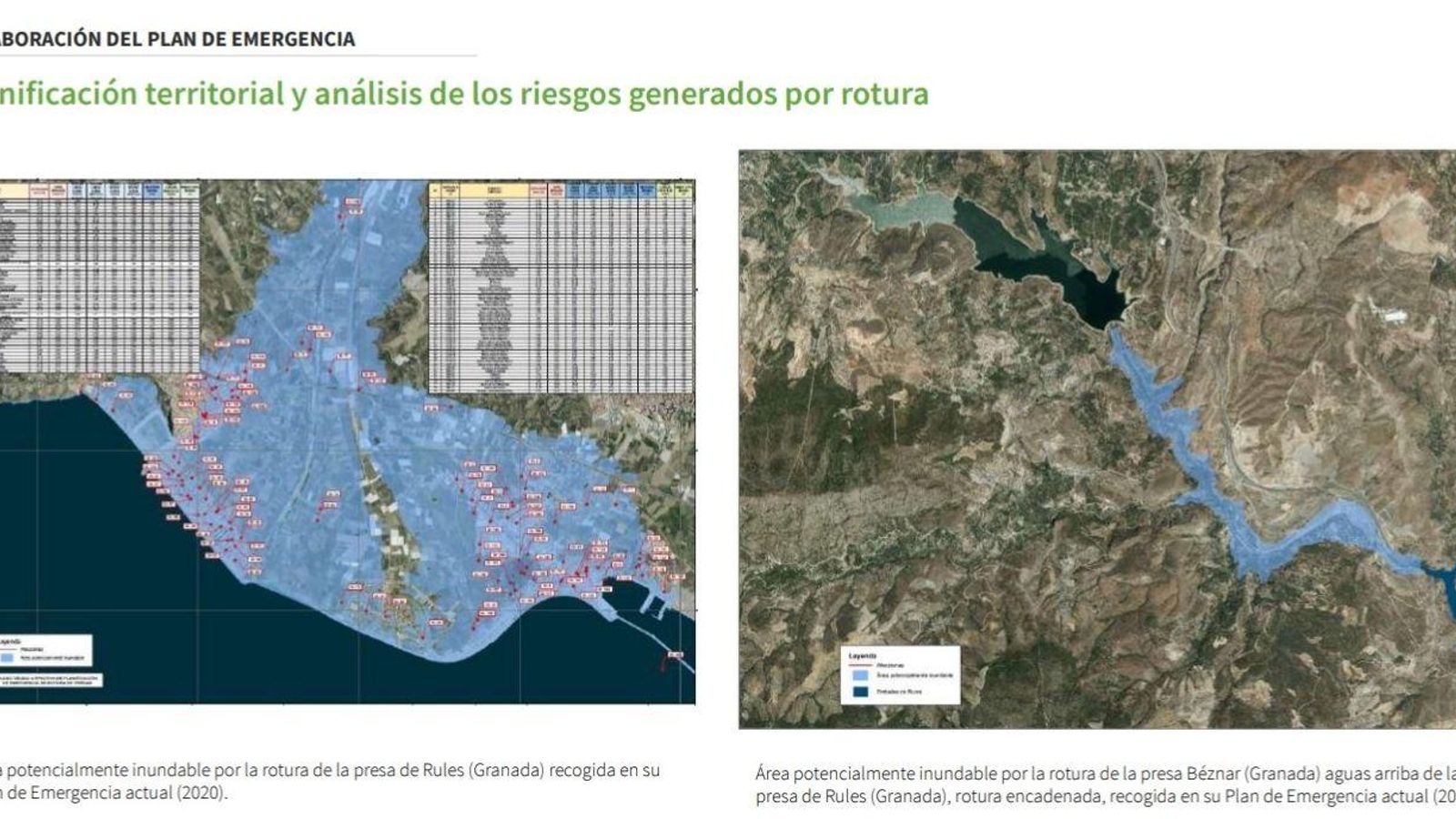 Zonas potencialmente inundables en Salobreña y Motril (izquierda) y Béznar (derecha)