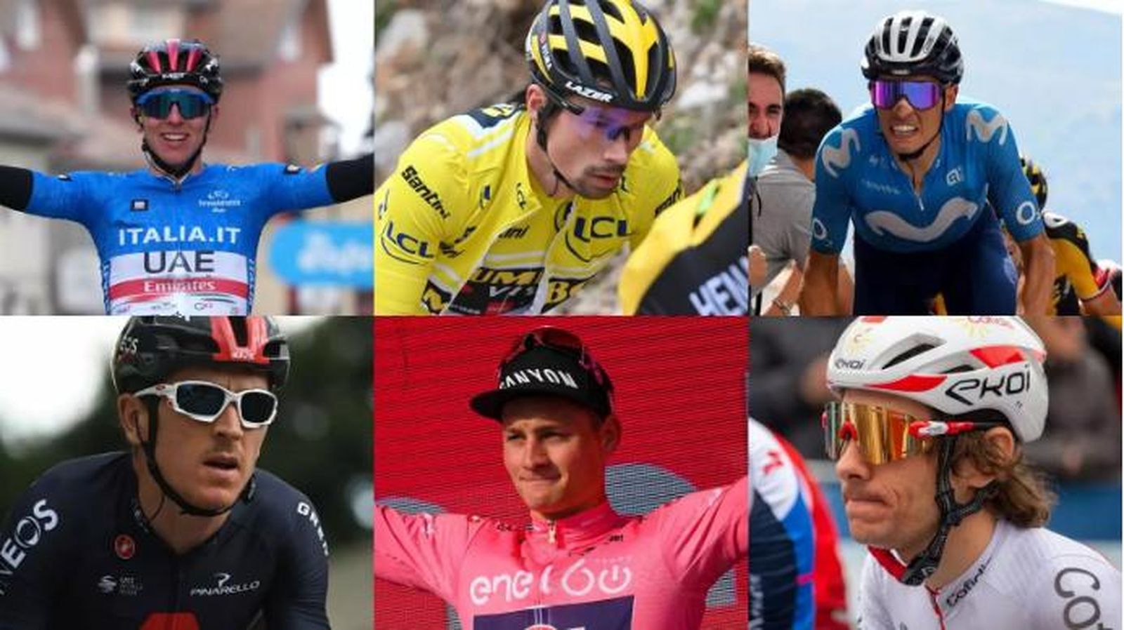 Los ciclistas Tadej Pogacar, Primoz Roglic, Enric Mas (arriba, de izquierda a derecha), Geraint Thomas, Mathieu van der Poel y Guillaume Martin (abajo, de izquierda a derecha).