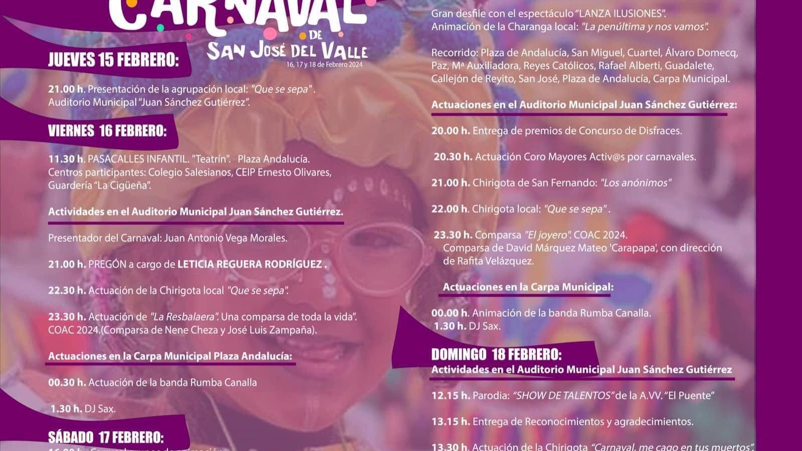 Programación del Carnaval de San José del Valle.