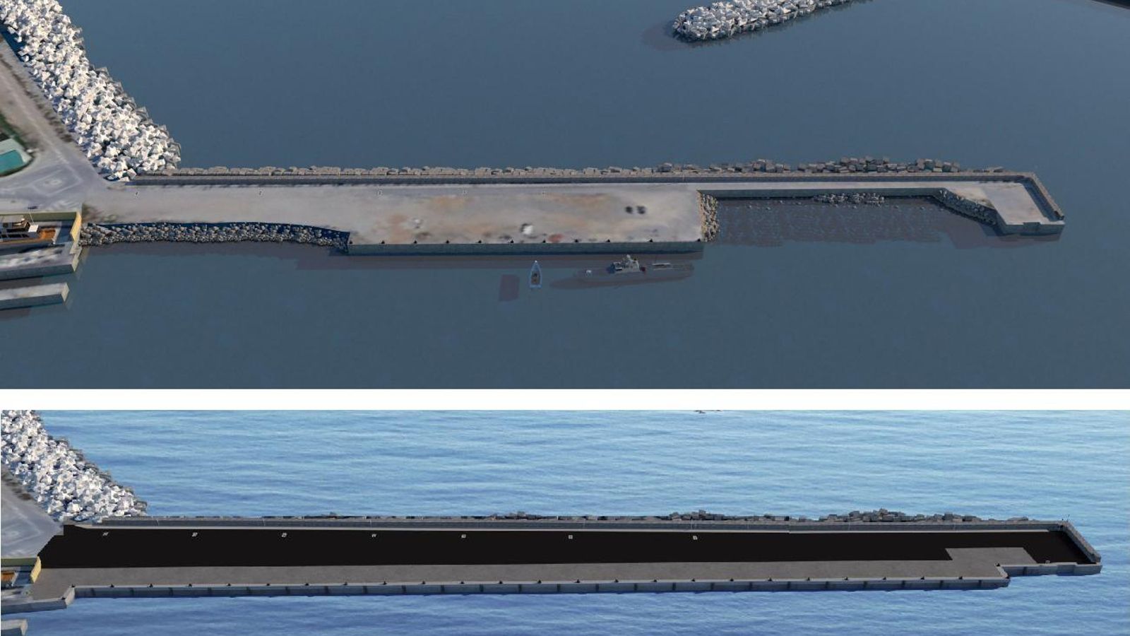 Comparativa infográfica del estado actual del muelle de Armamento y la prevista tras las obras.