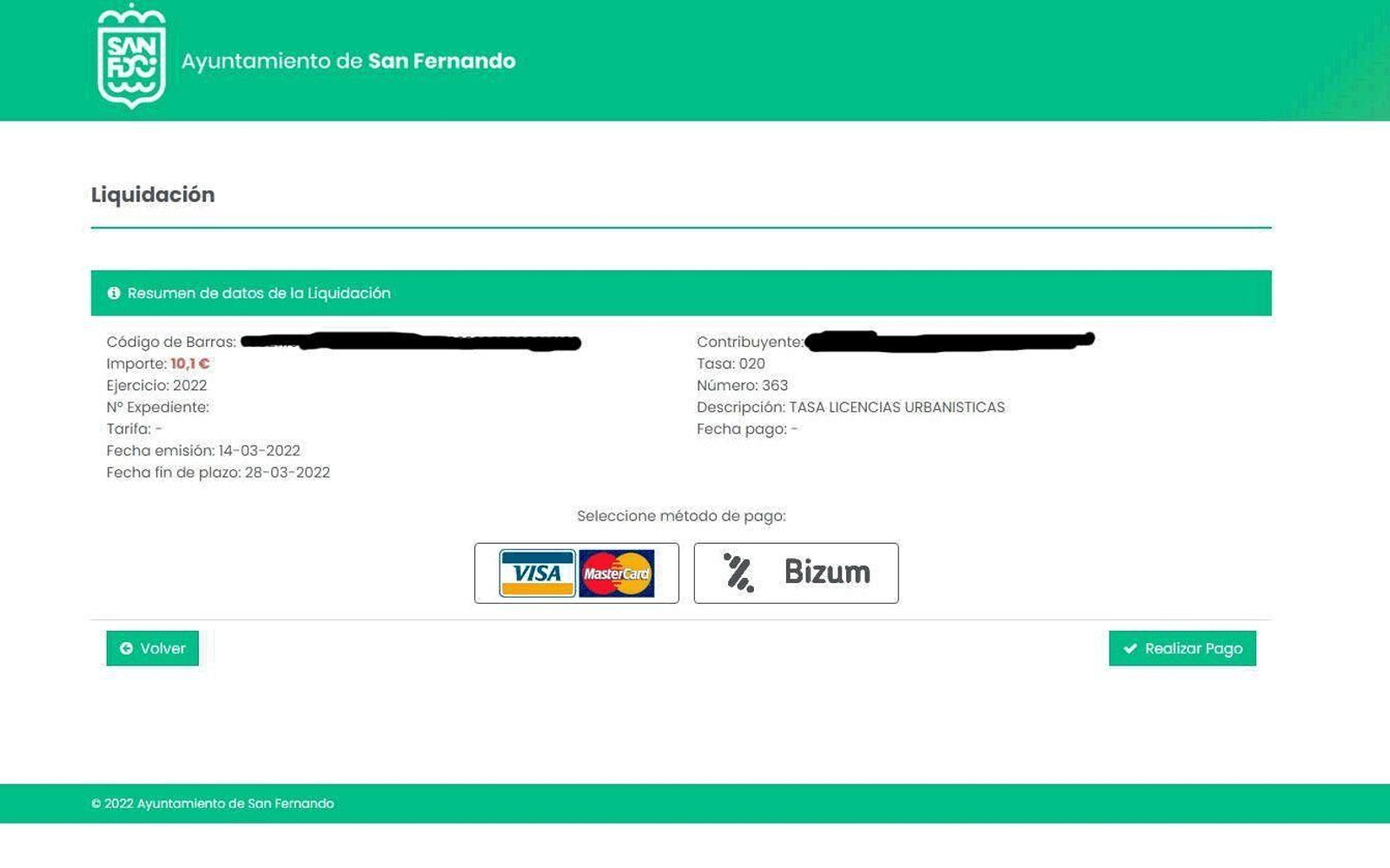 Ejemplo de un liquidación de tasas de San Fernando con la posibilidad de pagar por bizum.