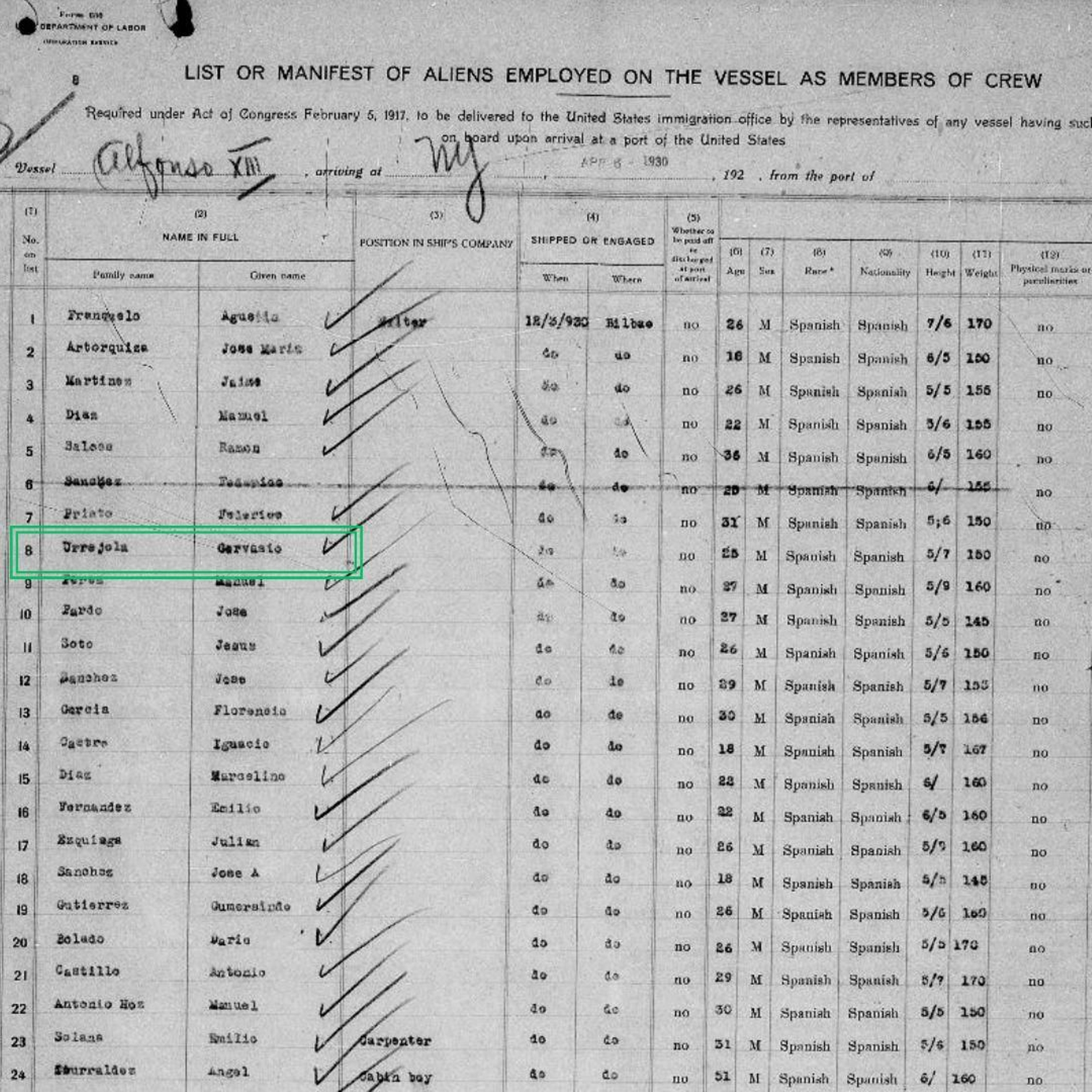 Imagen del registro de entrada de la tripulación del ‘Alfonso XIII’ en la neoyorquina Isla de Ellis, en el que Gervasio aparece en el octavo lugar del listado.