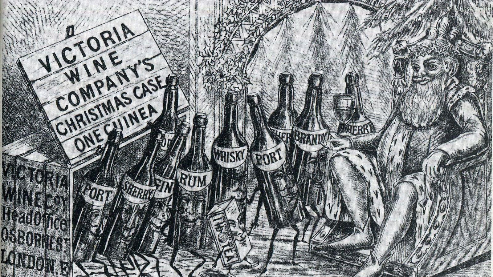 La compañía de vinos inglesa promociona sus vinos en Navidad, 1880.
