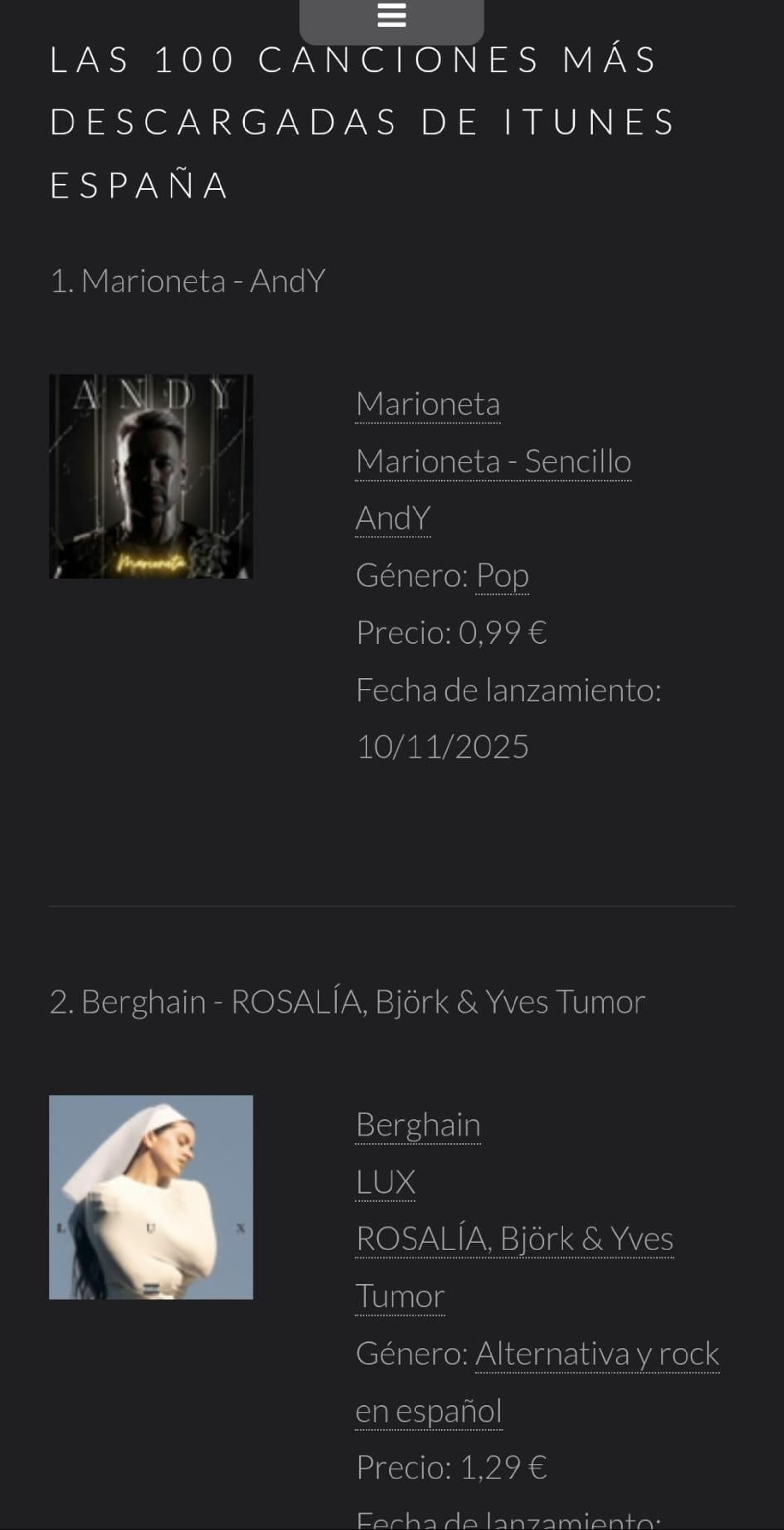 Captura de la lista de las 100 canciones más descargadas de Itunes España