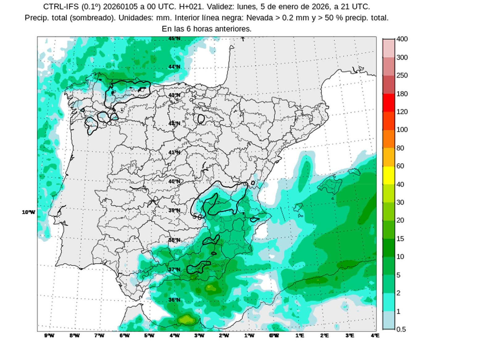 En verde, zonas en las que puede llover esta tarde y en negro, las zonas con posibles nevadas.