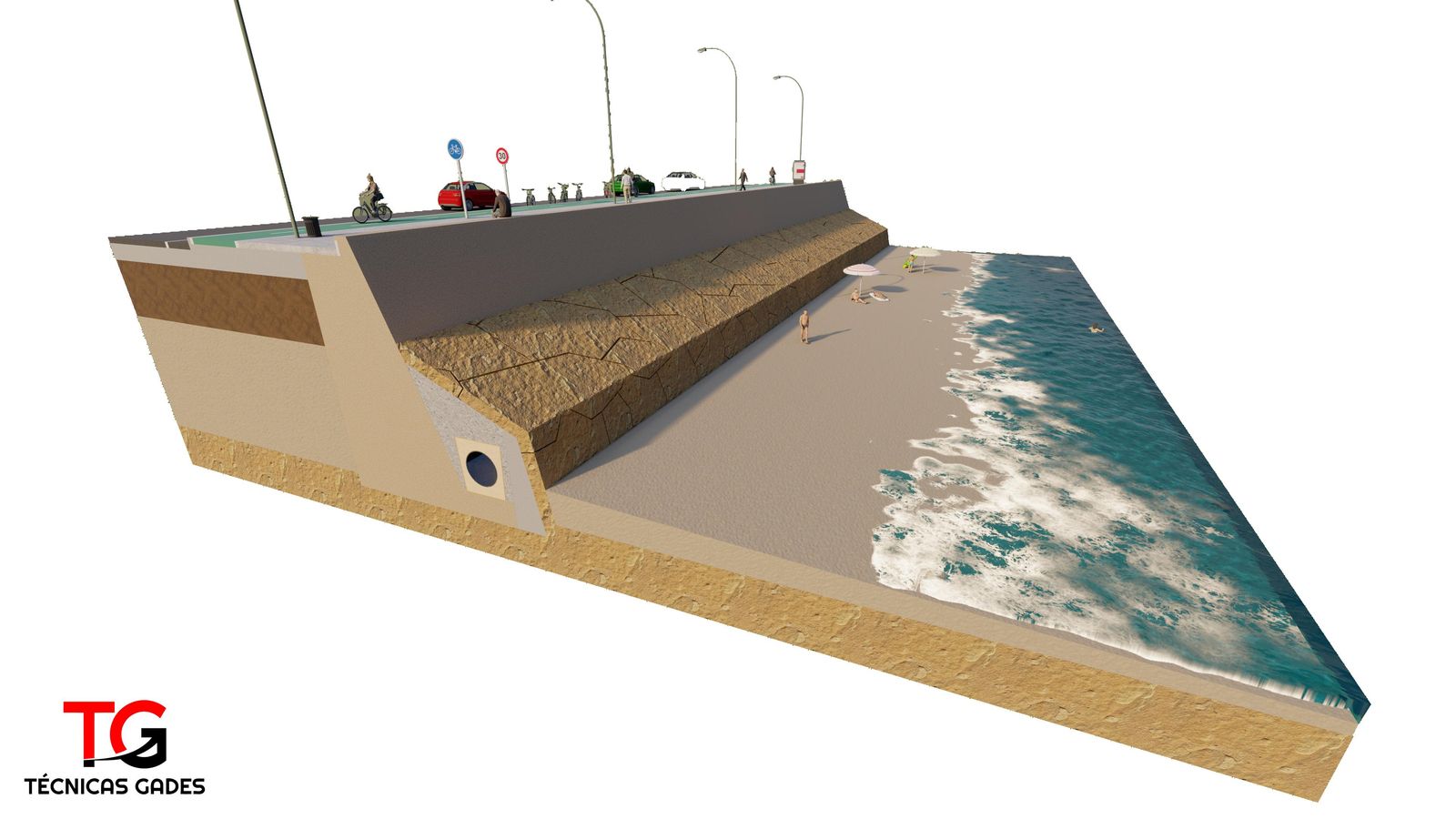 Recreación de cómo sería la berma con el tubo del colector en el interior.