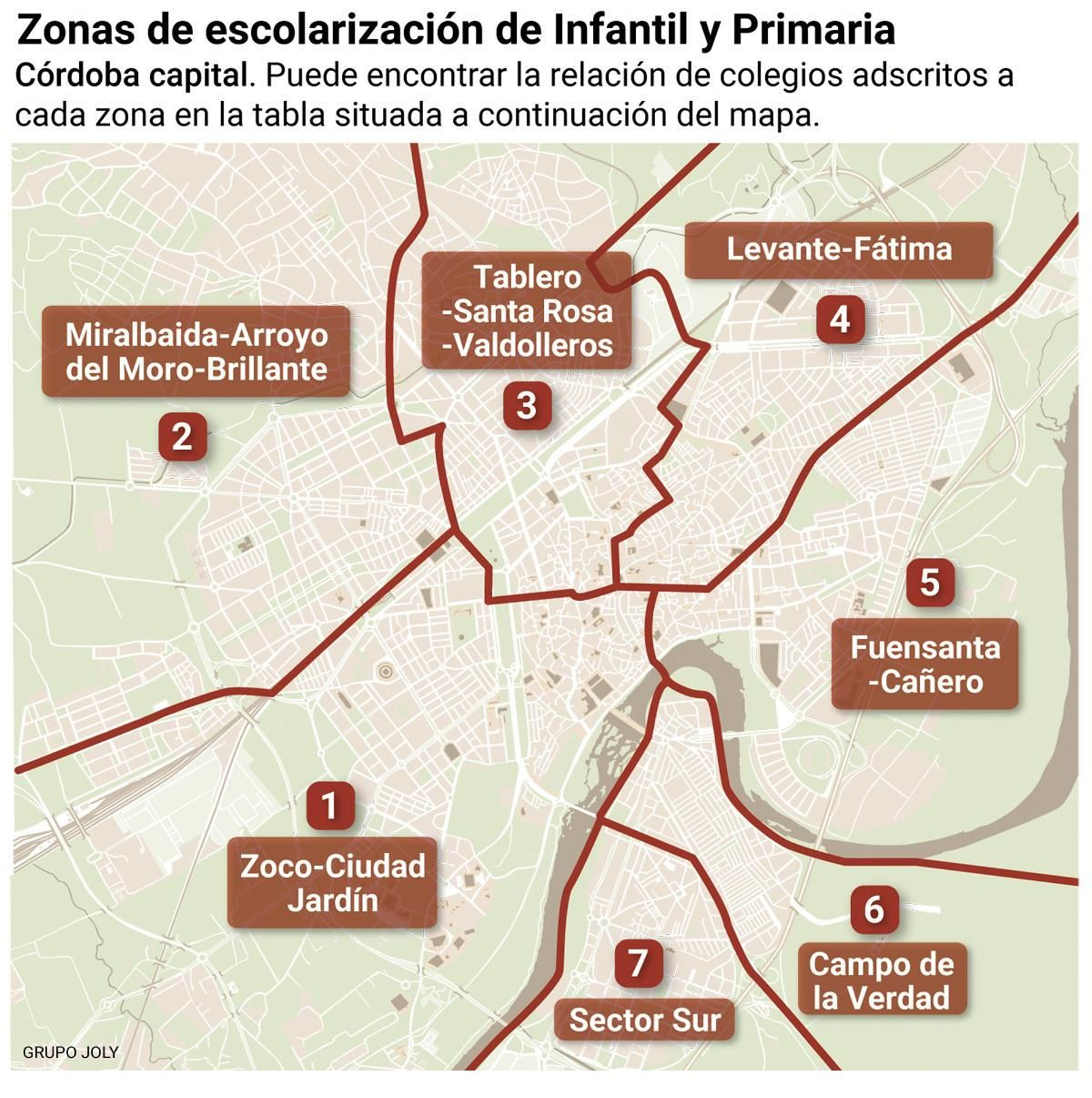 Mapa con las zonas de escolarización de Infantil y Primaria