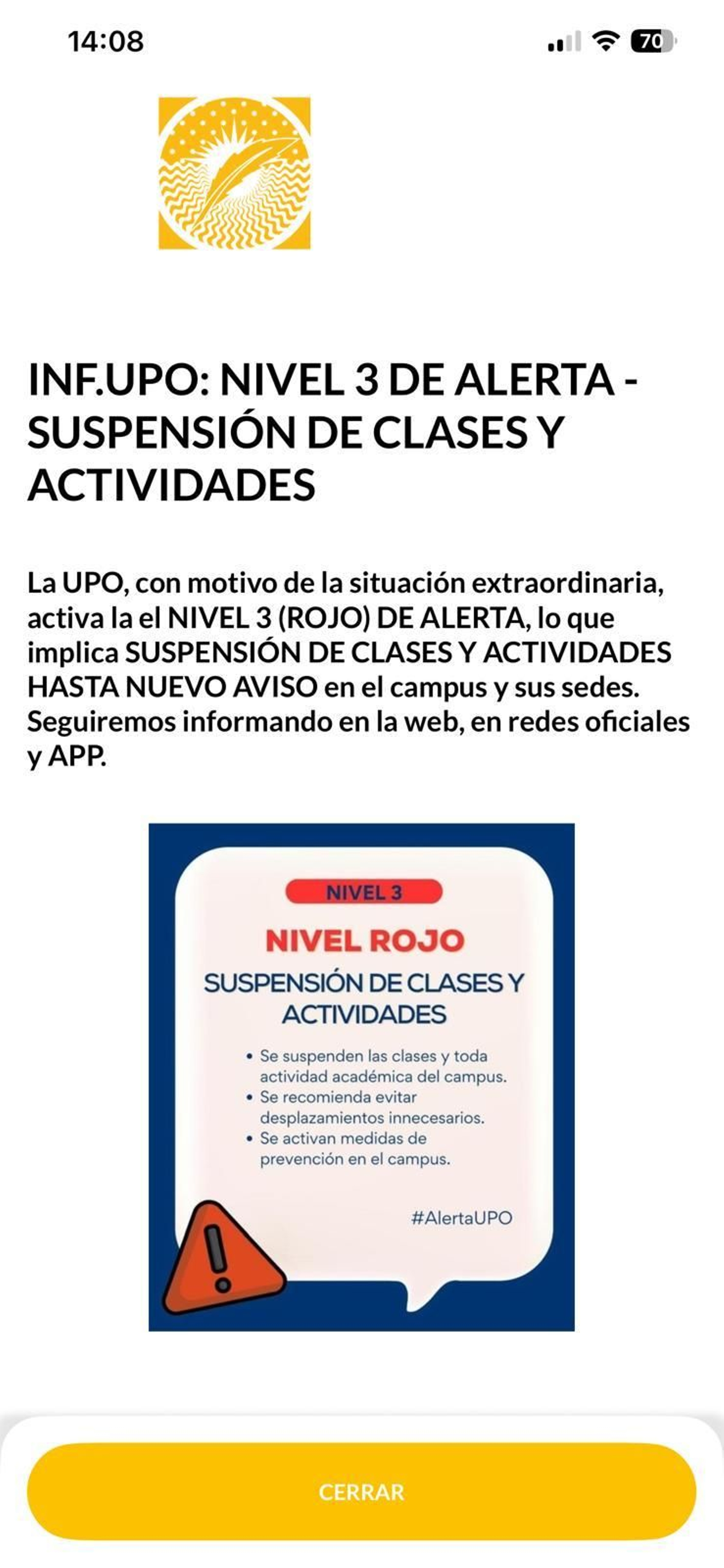 La Universidad Pablo de Olavide ha suspendido las clases y actividades del miércoles 29