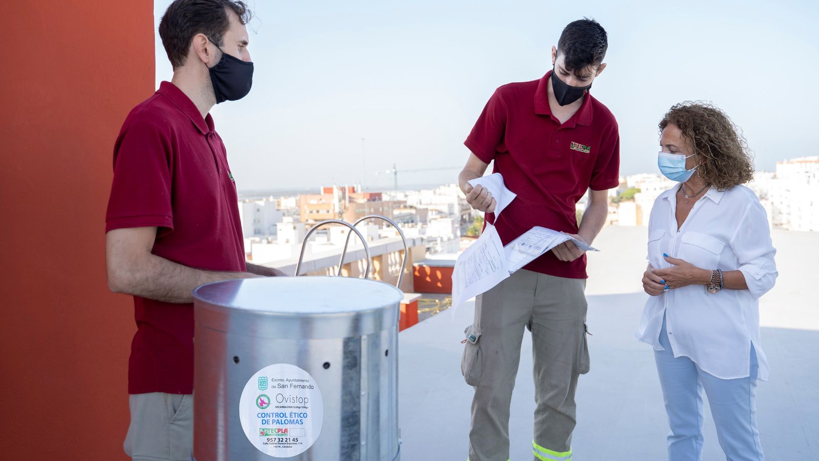 Dispensadores de pienso anticonceptivo instalados en la azotea del Ayuntamiento isleño.
