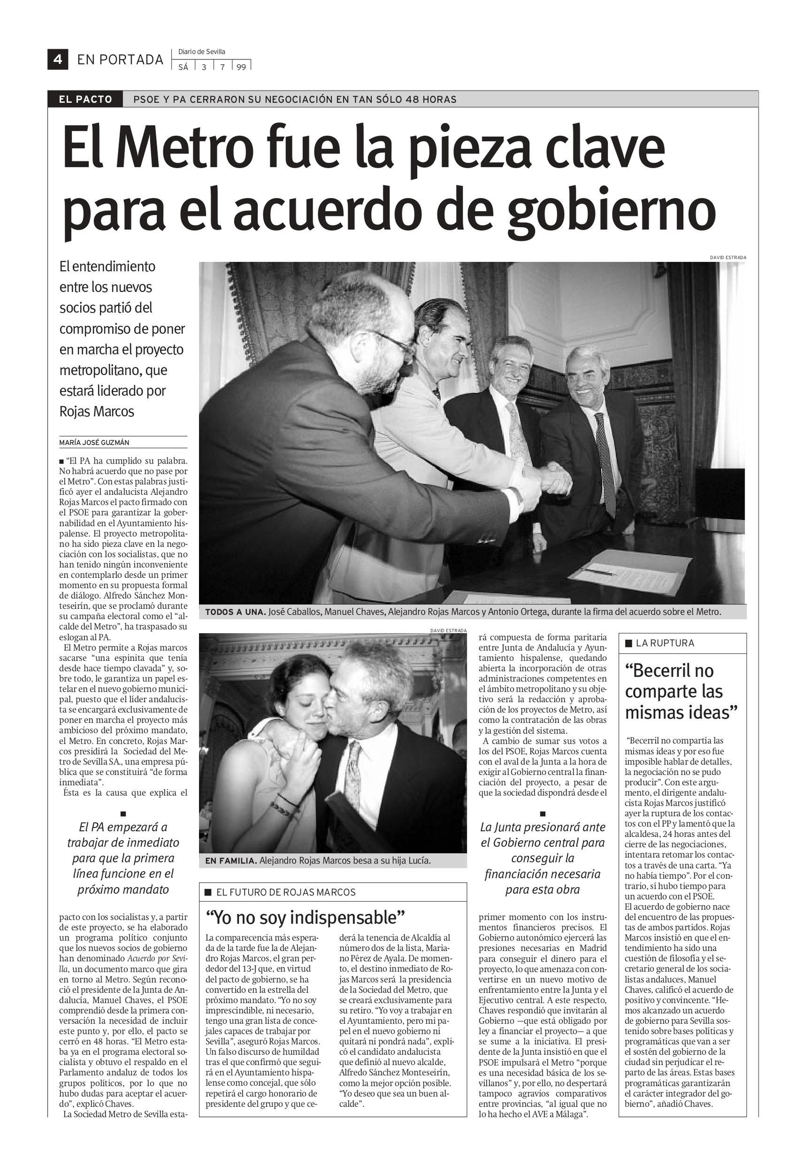 Así contamos el pacto de gobierno PSOE-PA a cambio del Metro de Sevilla (3 de julio de 1999)