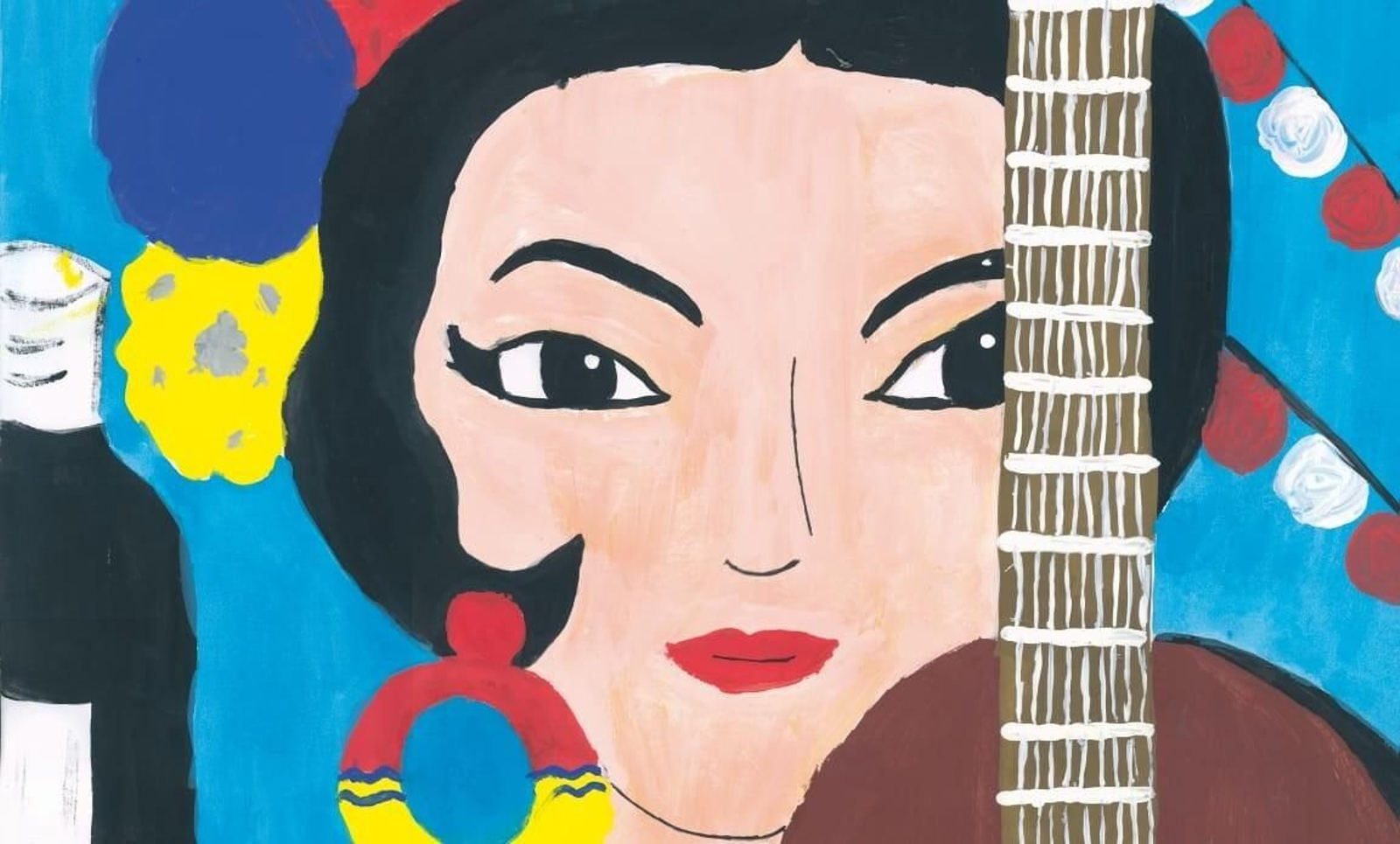 Vista parcial del cartel anunciador de la Feria Virtual de la Manzanilla, un dibujo de Efrén del Moral, de once años.