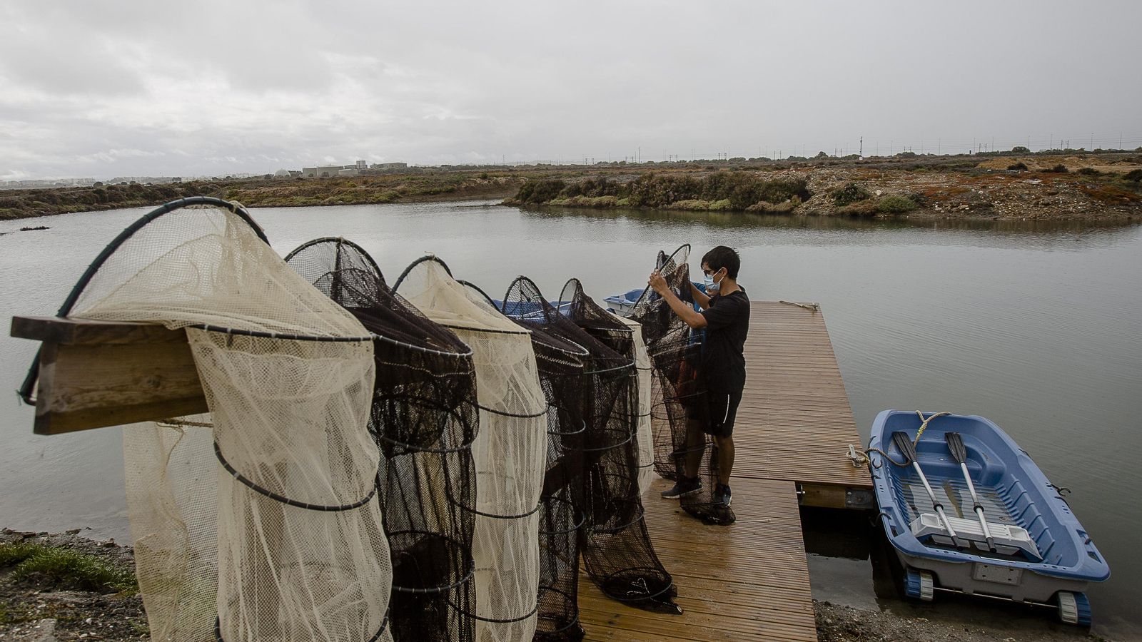 Un trabajador de Marambay prepara unas nasas en el estero.