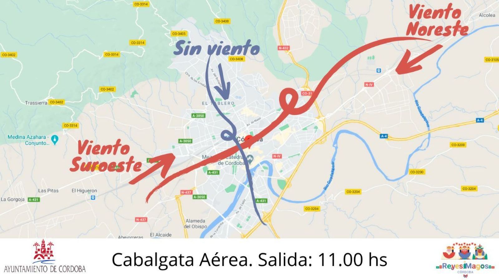 Recorrido de la Cabalgata Aérea, que estará condicionada por el viento.