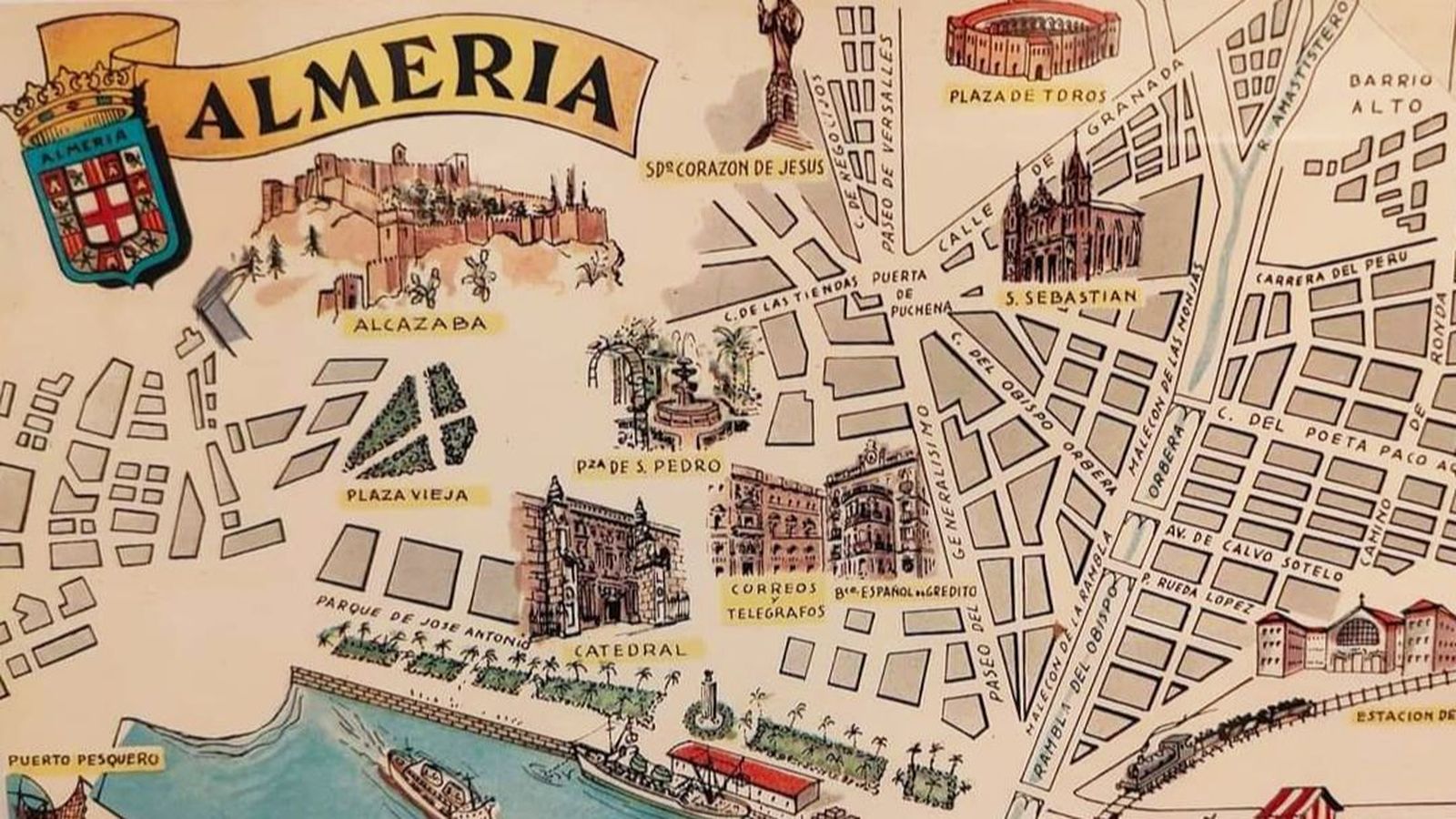 Excepcional postal plano de 1964 en la que aparece la primera Casa de Comunicaciones de Almería.