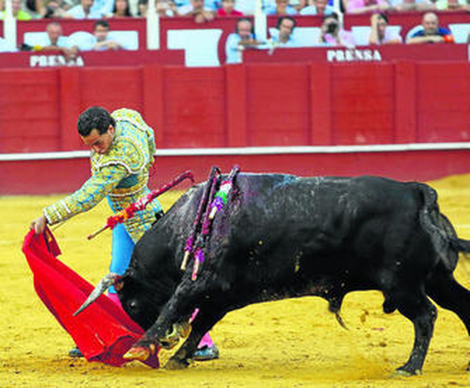El diestro Iván Fandiño pega un pase de pecho durante su actuación en La Malagueta.