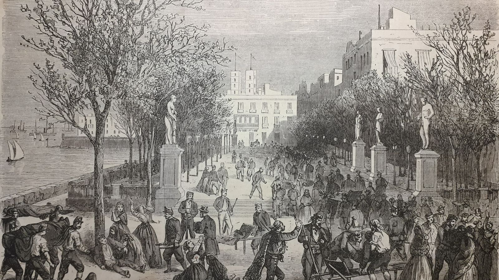 Otro extraordinario grabado del periódico británico 'Ilustrated Times' donde apreciamos los restos de las escaramuzas ocurridas en el Salón Alto de Cristina en la Alameda de Apodaca.