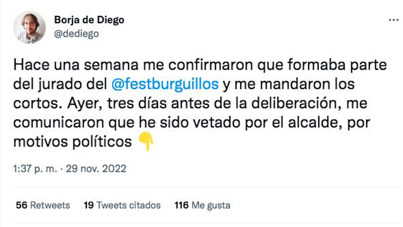 Uno de los tuits de Borja de Diego.