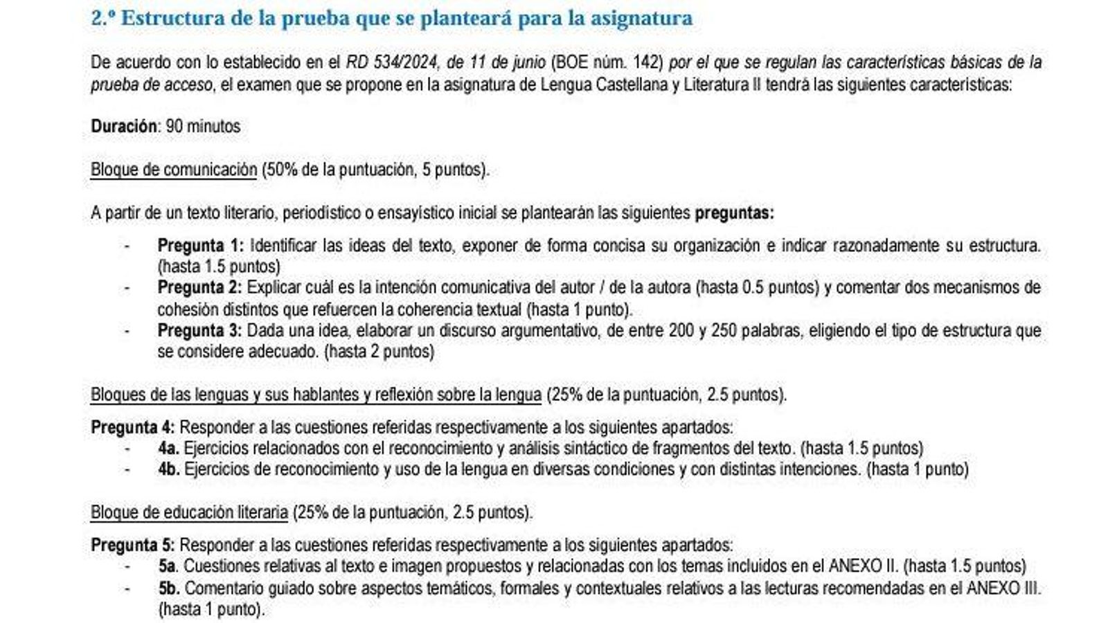 Estructura del examen de Lengua.