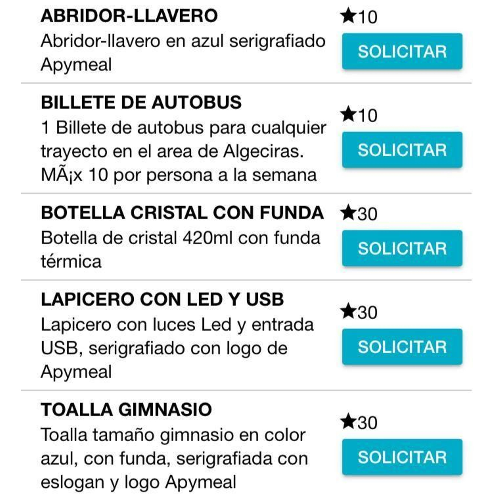 Regalos de 10 a 30 puntos.